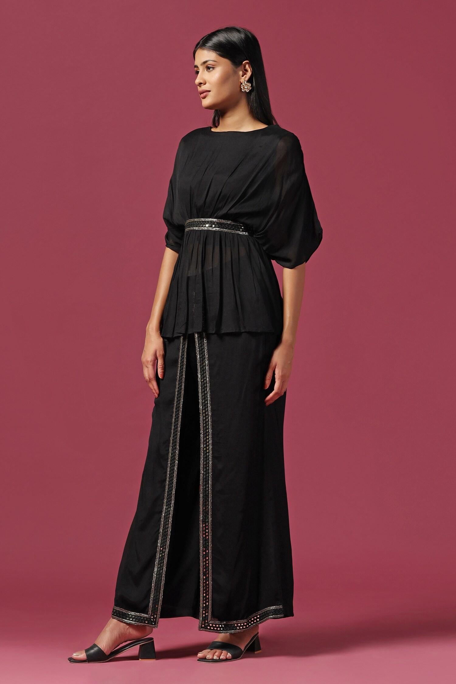 Black Georgette Mirrors, Sequins Boat Waistband Embroidered Kaftan And Pant Set - Designer Kurta Set