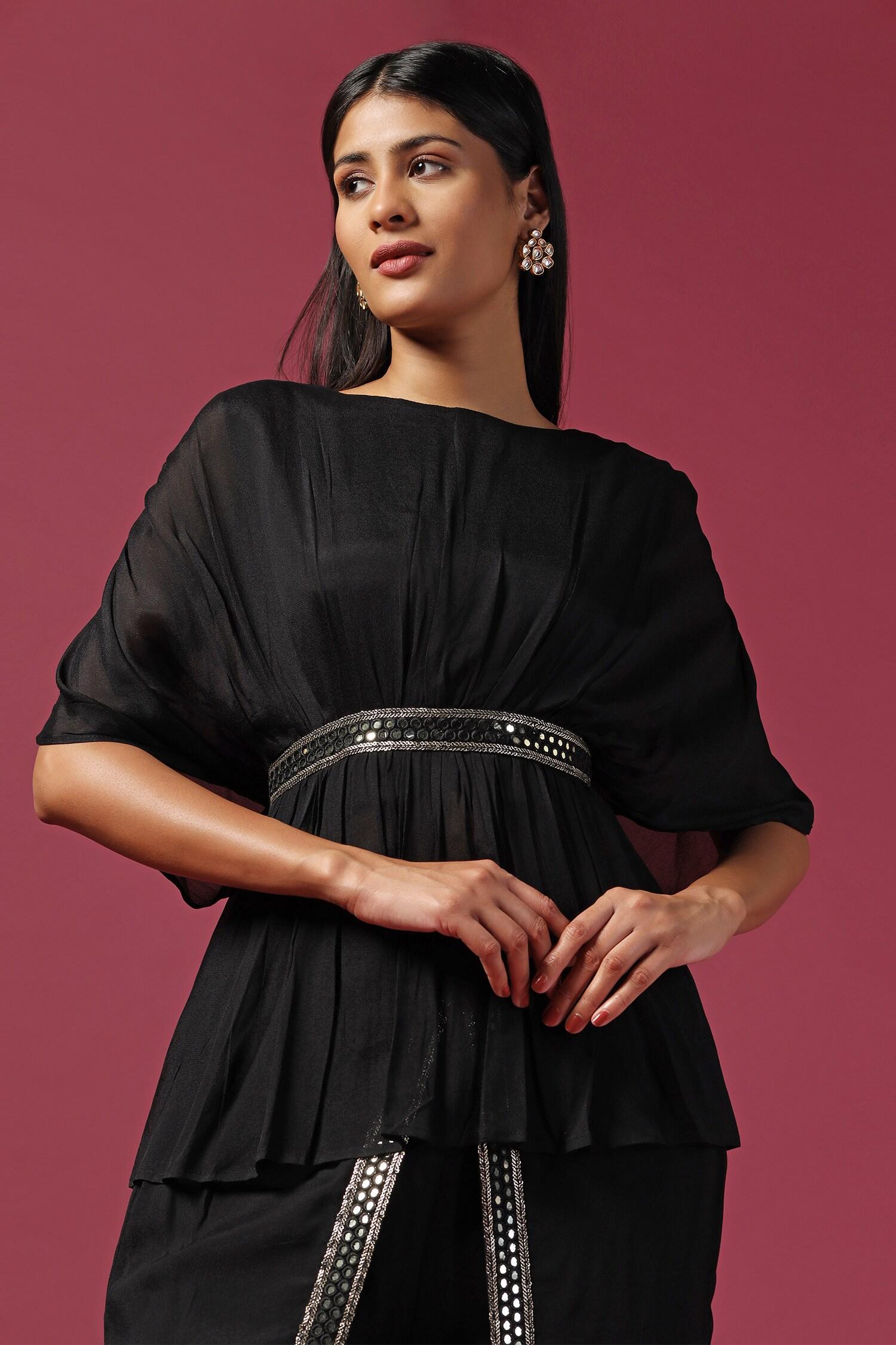 Black Georgette Mirrors, Sequins Boat Waistband Embroidered Kaftan And Pant Set - Designer Kurta Set