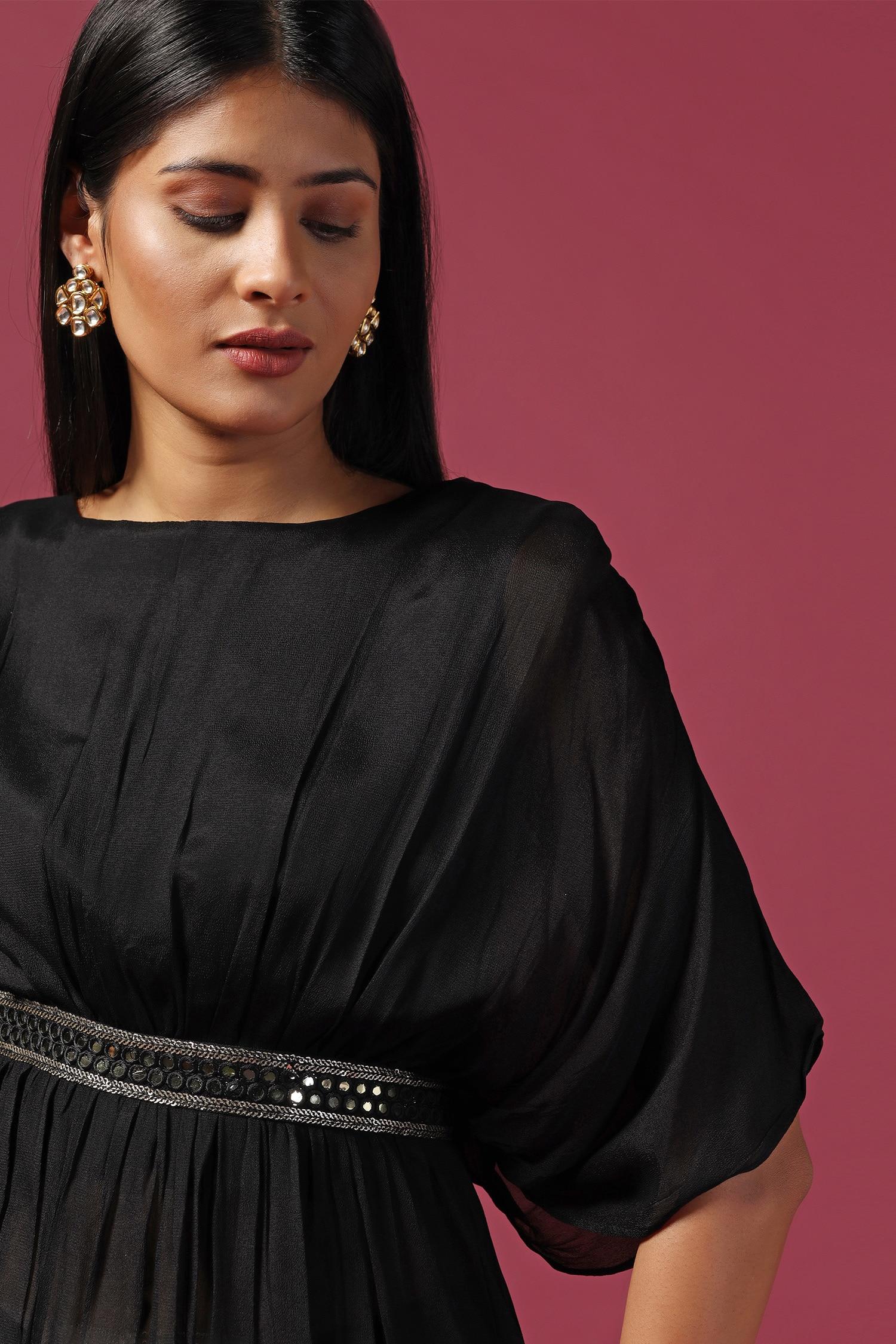 Black Georgette Mirrors, Sequins Boat Waistband Embroidered Kaftan And Pant Set - Designer Kurta Set