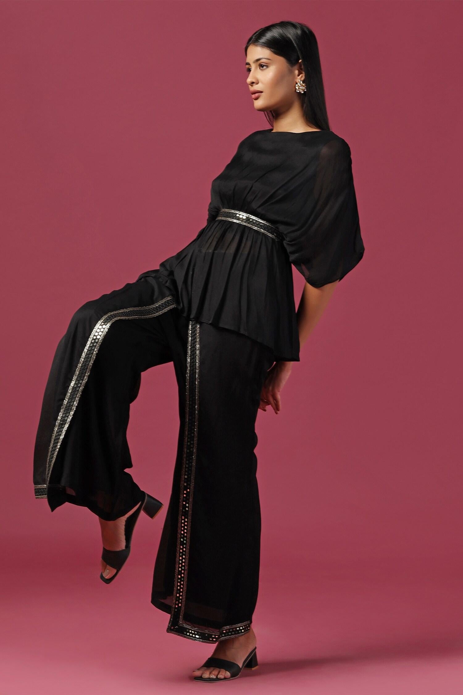 Black Georgette Mirrors, Sequins Boat Waistband Embroidered Kaftan And Pant Set - Designer Kurta Set