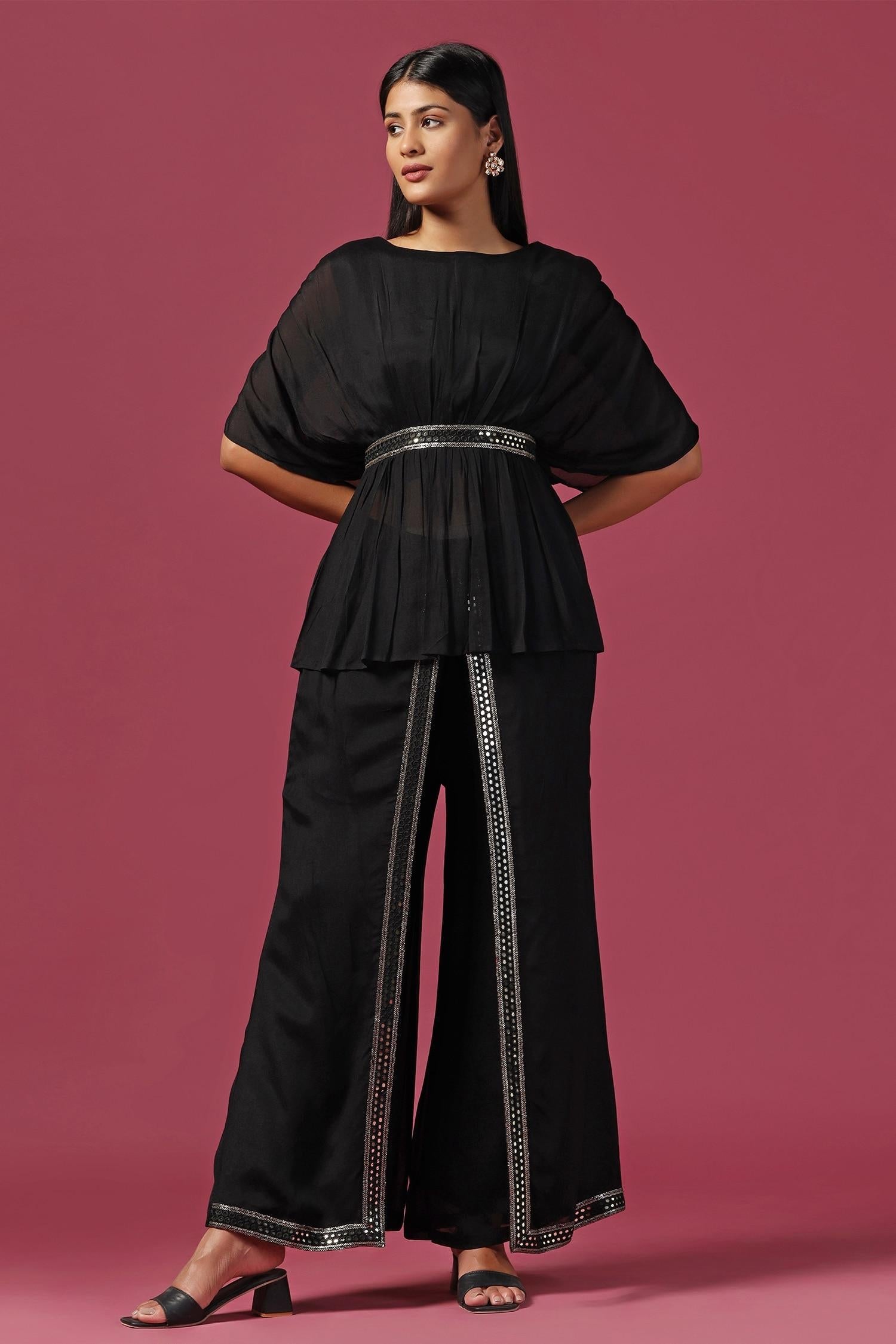 Black Georgette Mirrors, Sequins Boat Waistband Embroidered Kaftan And Pant Set - Designer Kurta Set