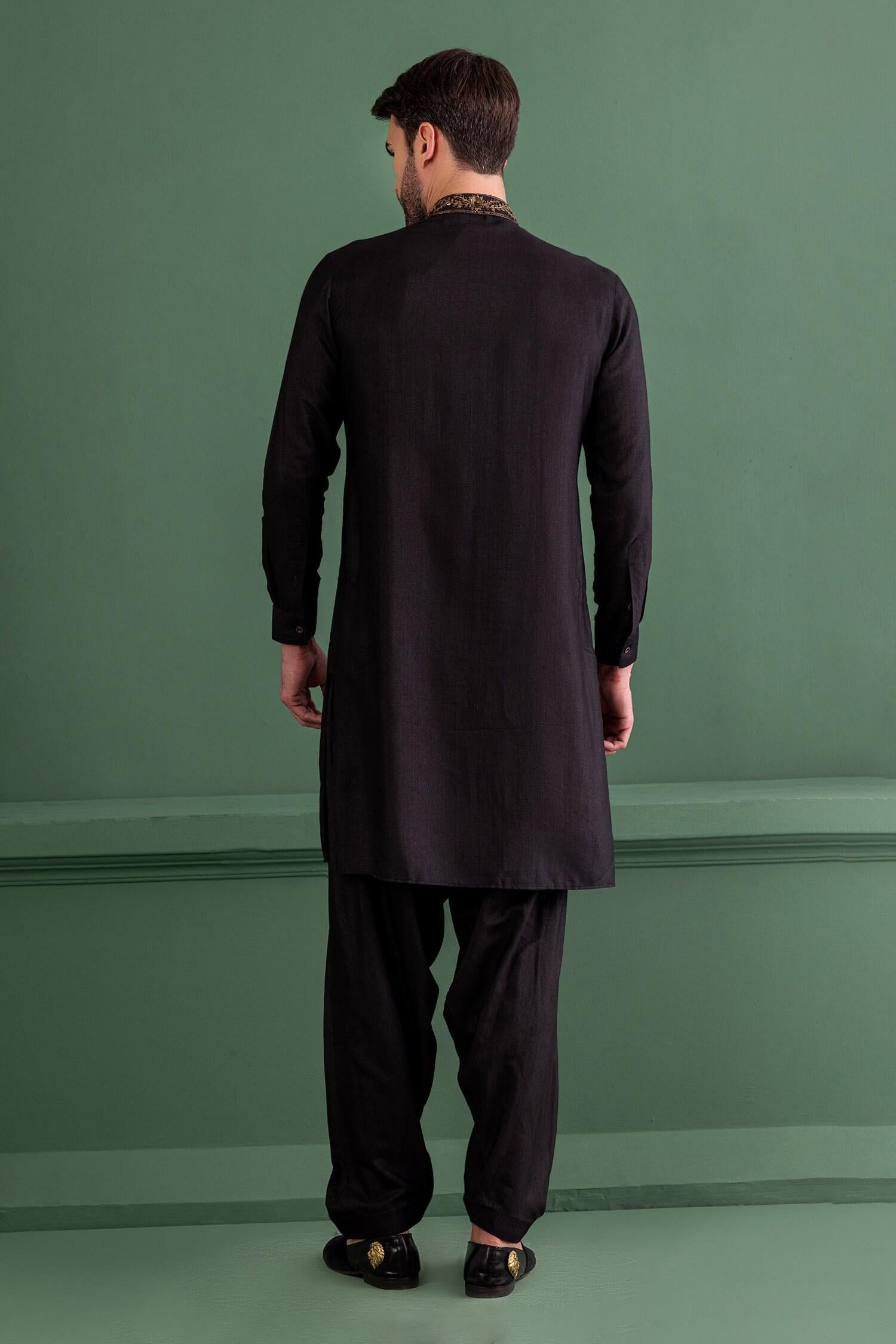 Kurta Set Black Moonga Silk Embroidery Sequin Paisley
