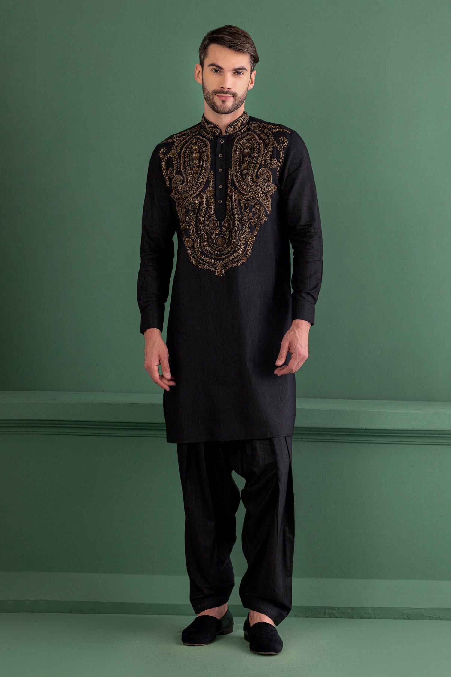 Kurta Set Black Moonga Silk Embroidery Sequin Paisley