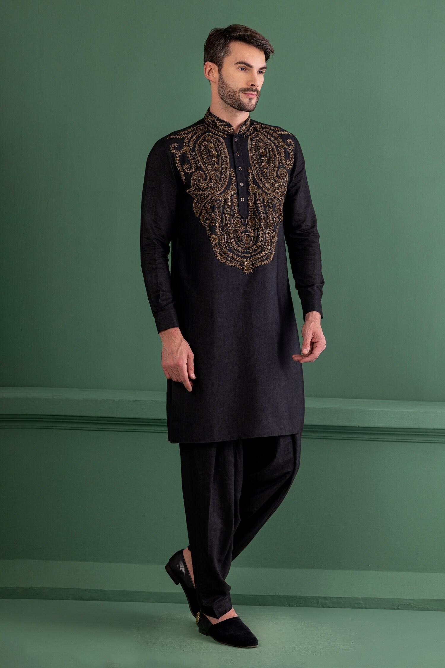 Kurta Set Black Moonga Silk Embroidery Sequin Paisley