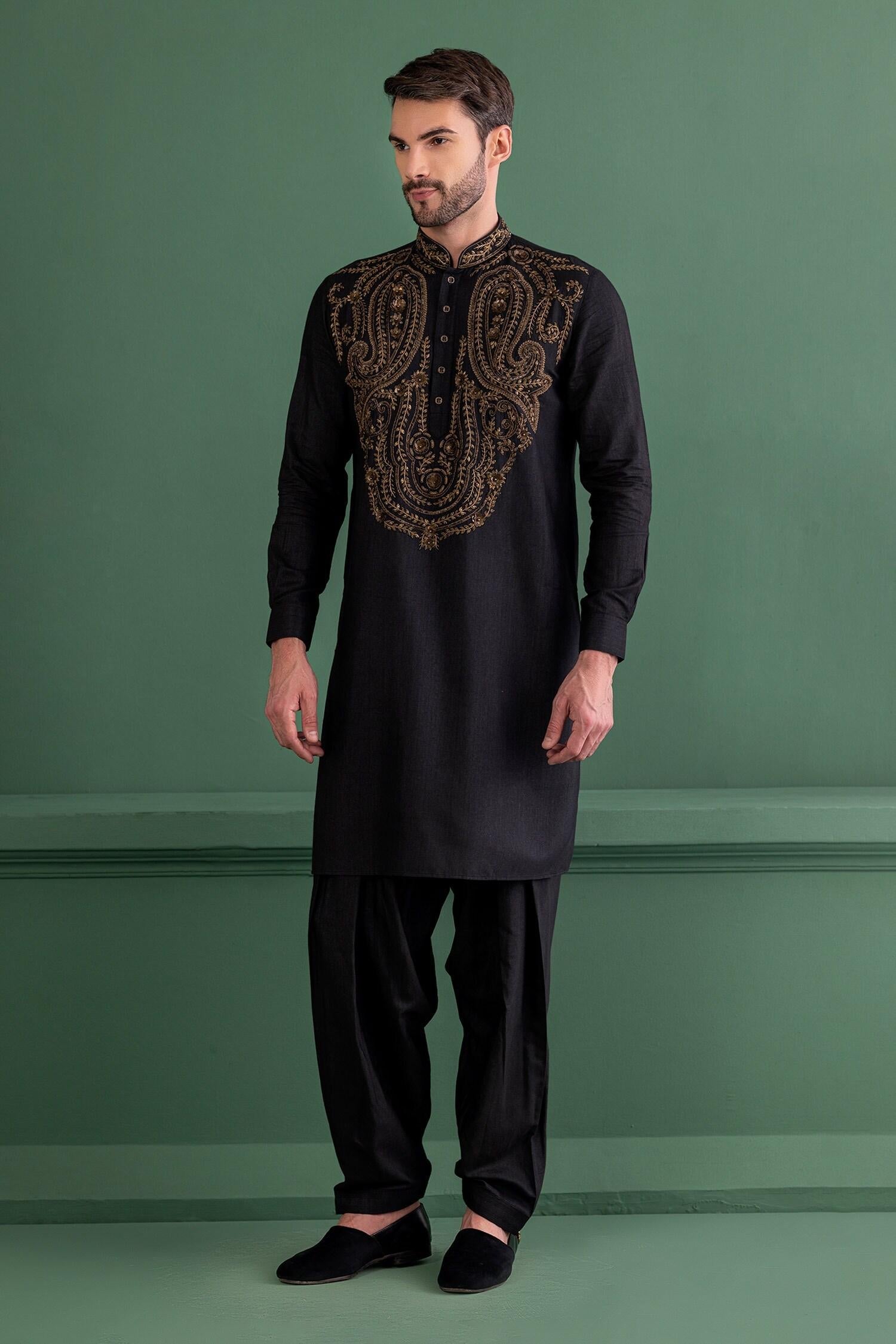 Kurta Set Black Moonga Silk Embroidery Sequin Paisley