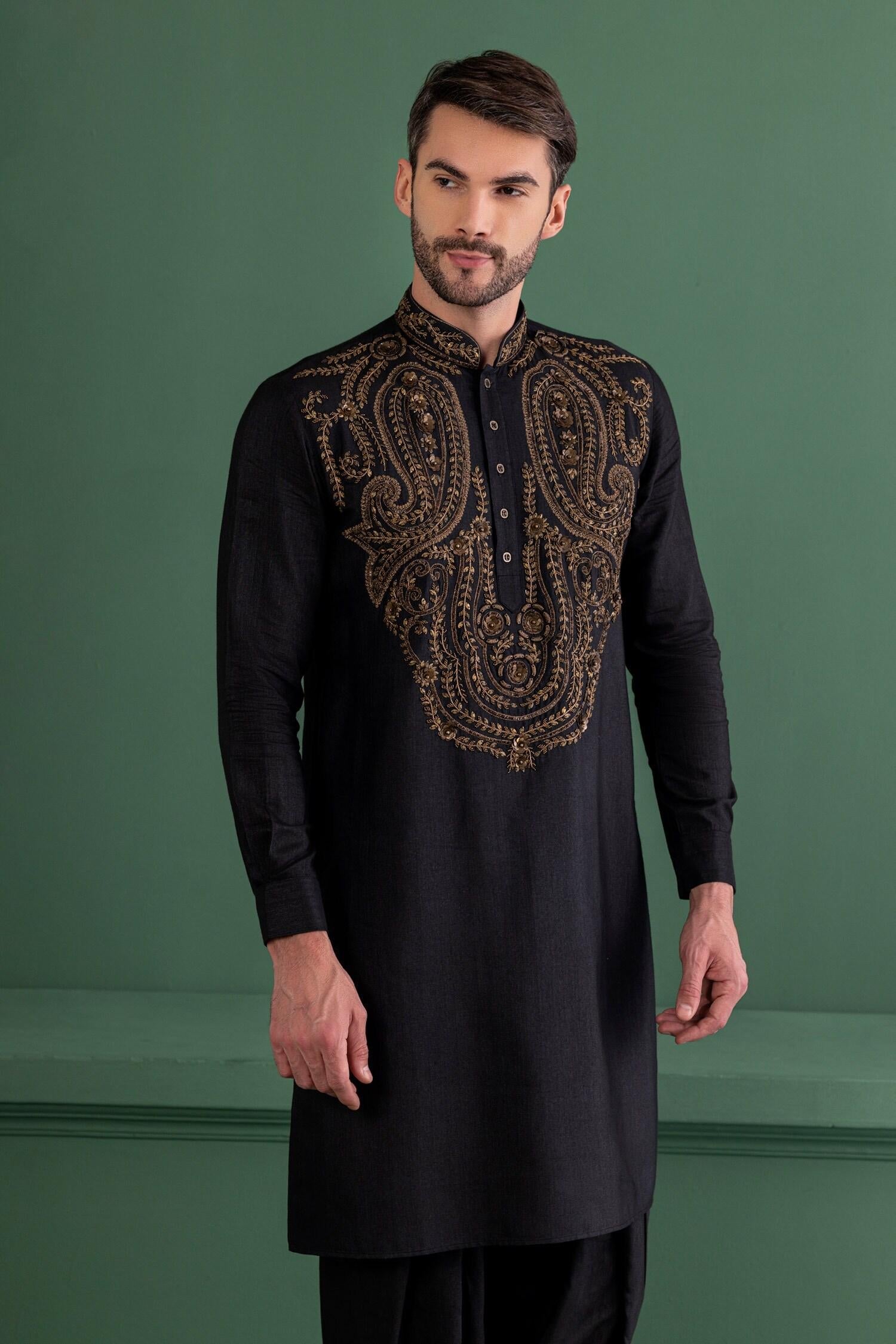 Kurta Set Black Moonga Silk Embroidery Sequin Paisley