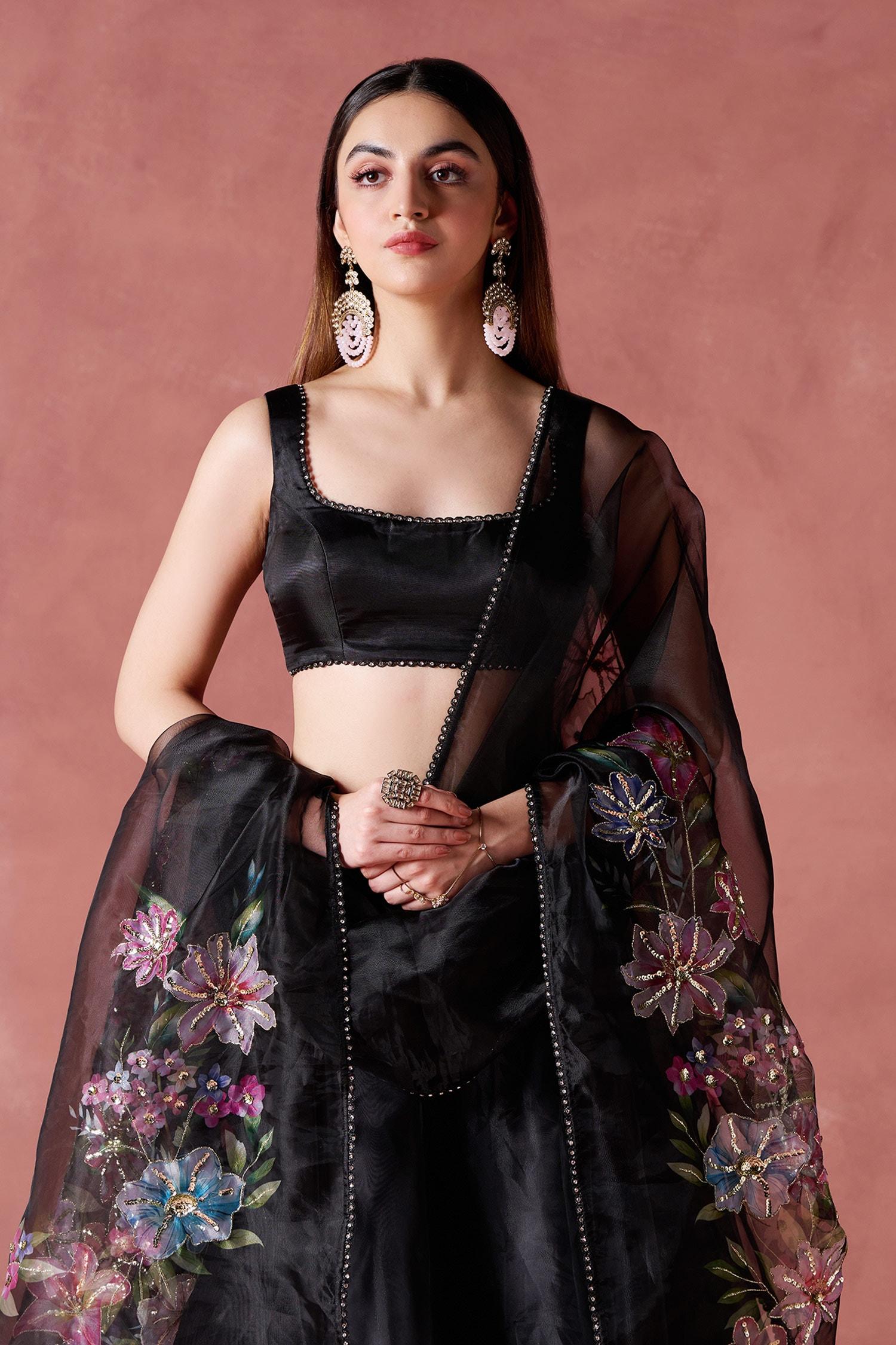 Black Organza Zari, Sequins Round Petunia Garden Print And Embellished Lehenga Set - Designer Kurta Set