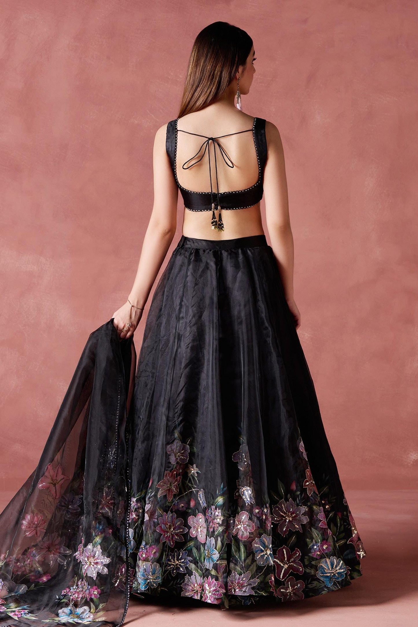 Black Organza Zari, Sequins Round Petunia Garden Print And Embellished Lehenga Set - Designer Kurta Set