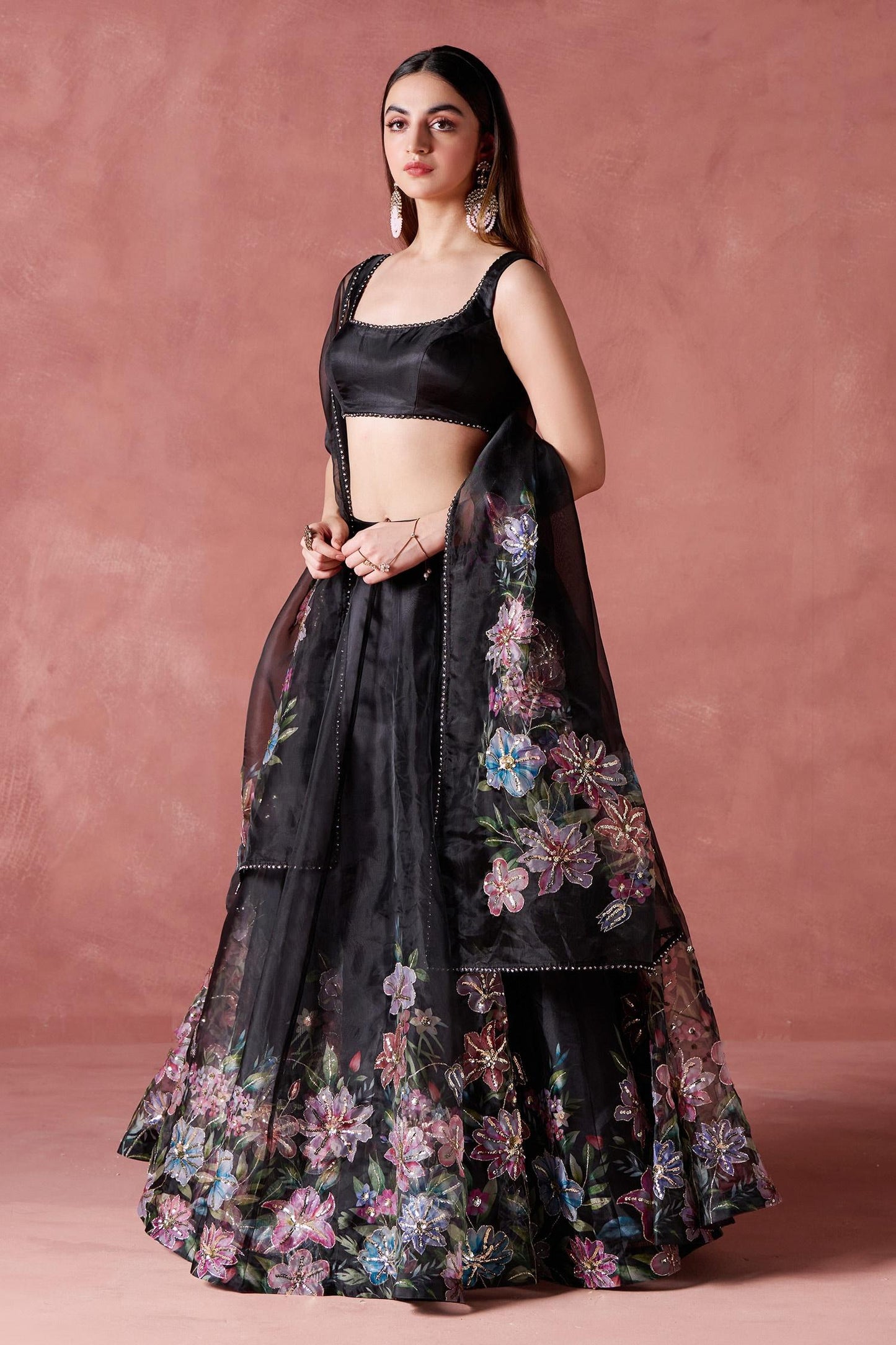 Black Organza Zari, Sequins Round Petunia Garden Print And Embellished Lehenga Set - Designer Kurta Set