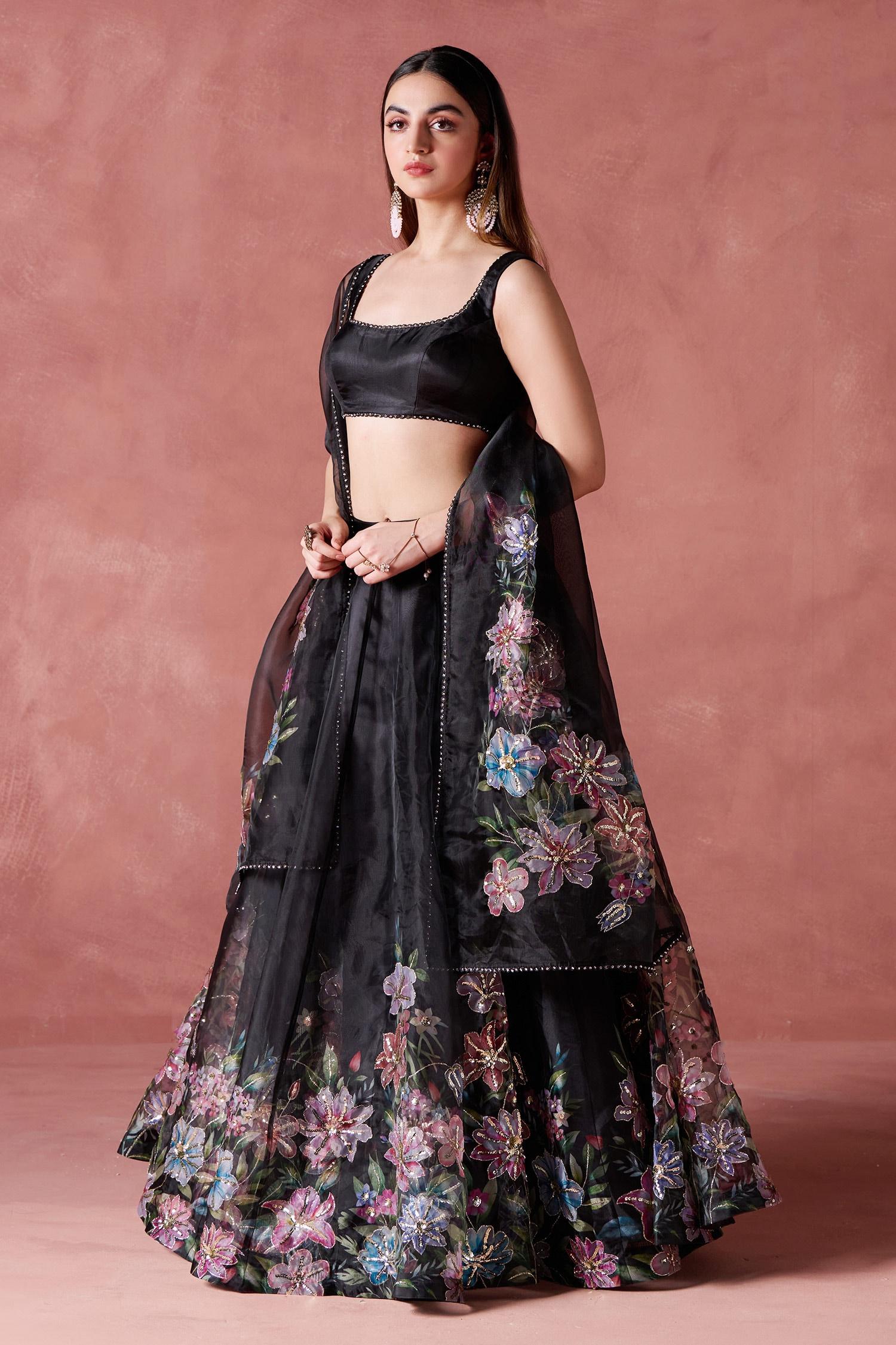 Black Organza Zari, Sequins Round Petunia Garden Print And Embellished Lehenga Set - Designer Kurta Set