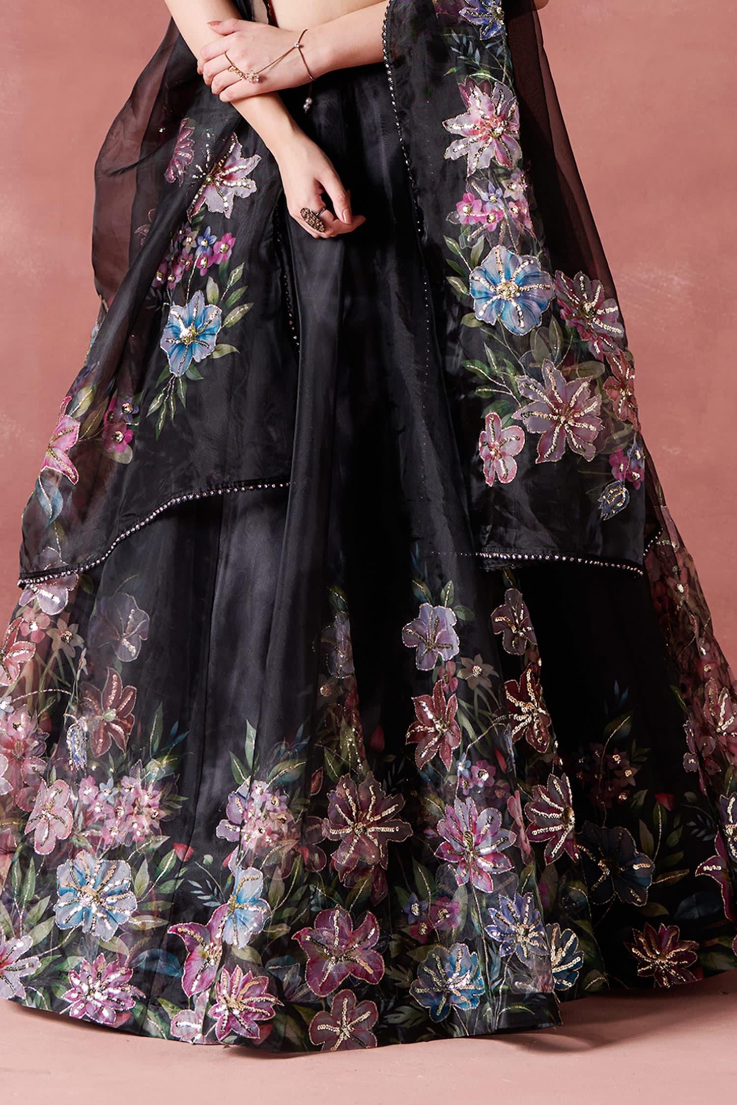 Black Organza Zari, Sequins Round Petunia Garden Print And Embellished Lehenga Set - Designer Kurta Set