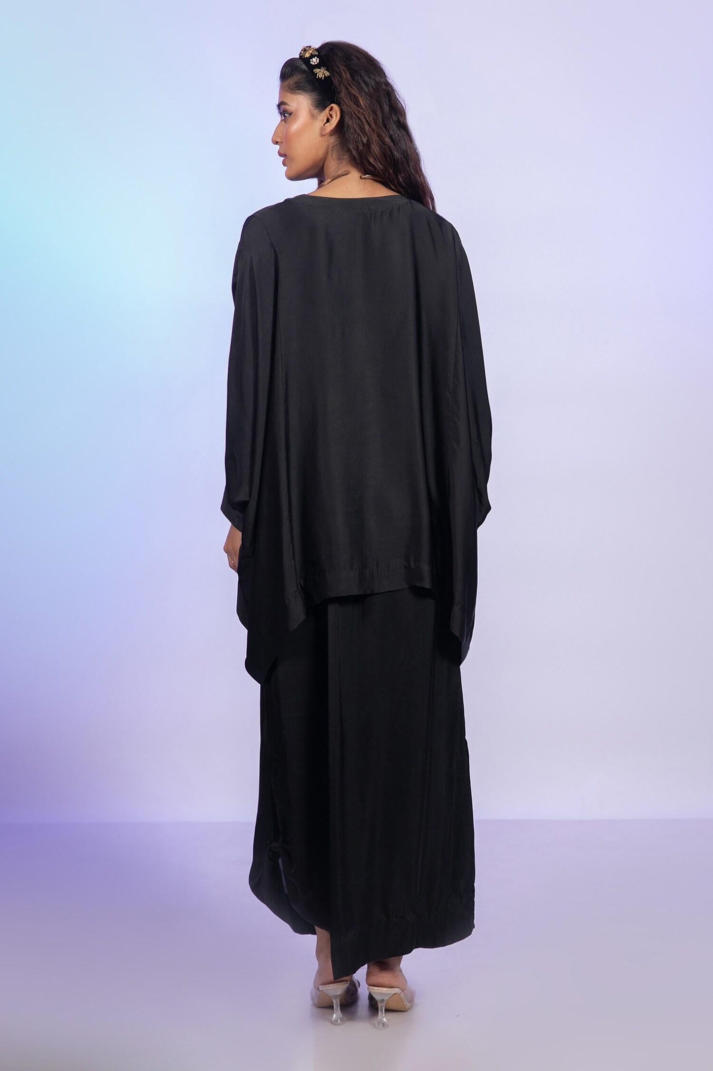 Black Satin V-neck Kaftan Top And Lungi Skirt Set - Designer Kurta Set