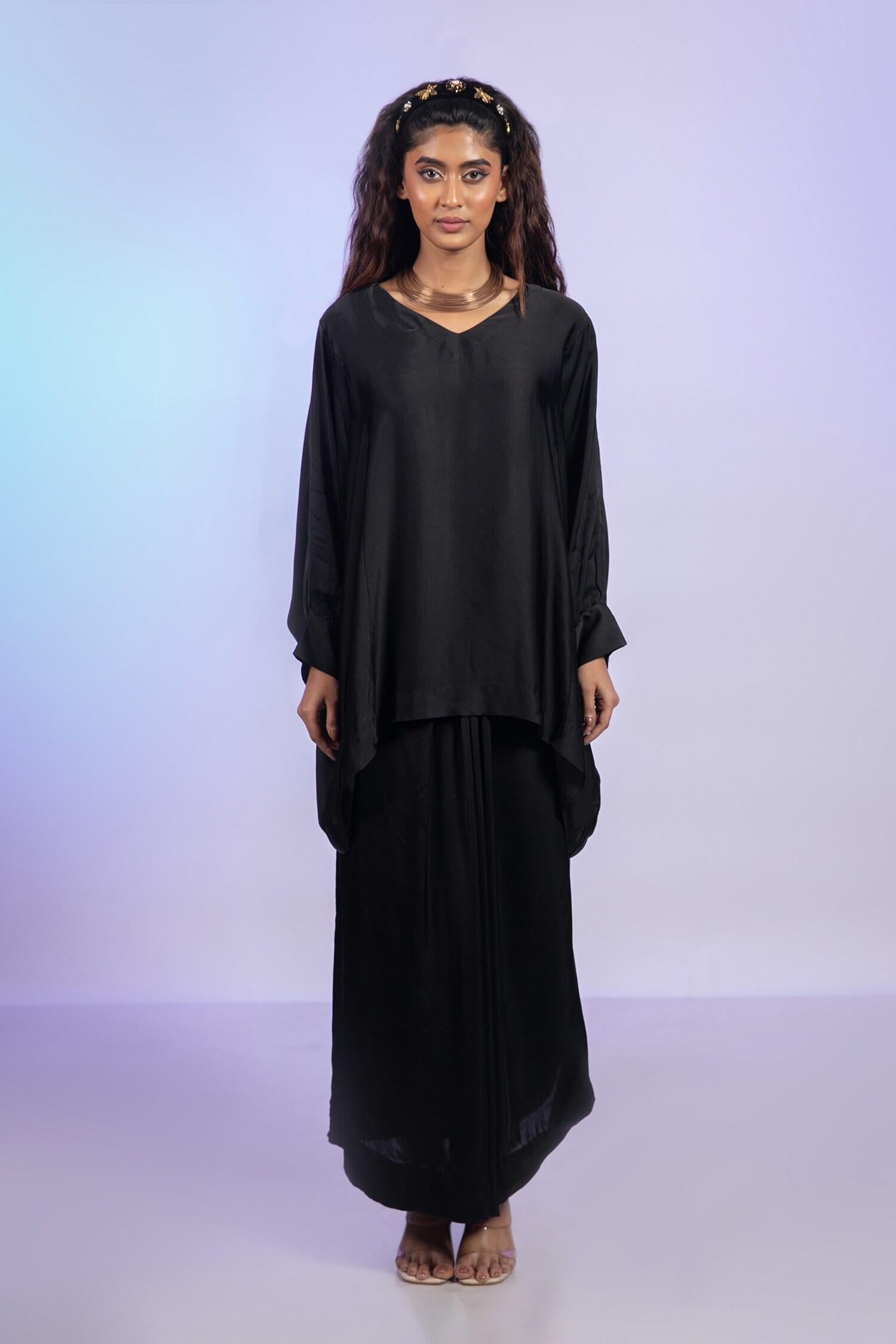 Black Satin V-neck Kaftan Top And Lungi Skirt Set - Designer Kurta Set