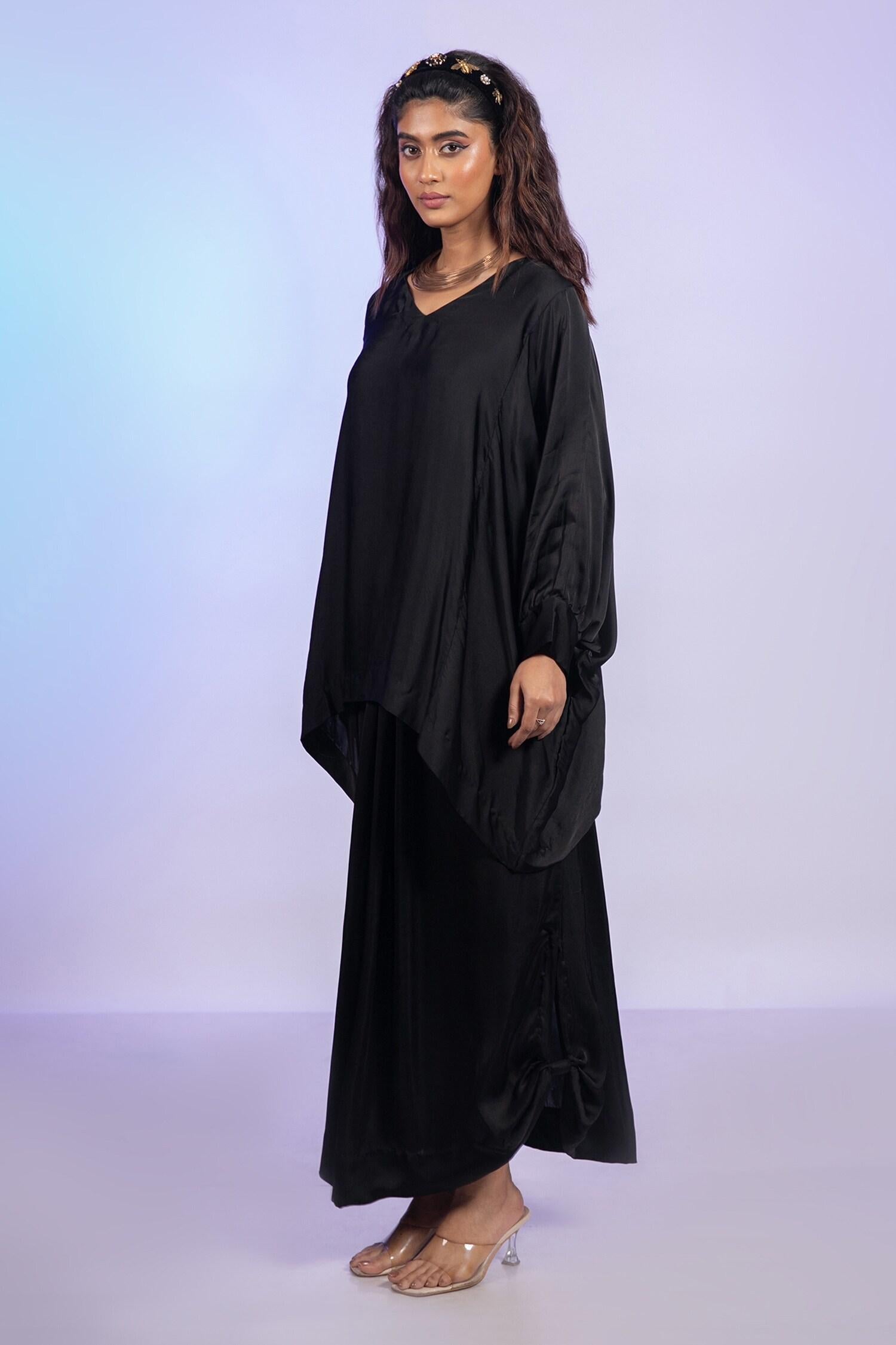 Black Satin V-neck Kaftan Top And Lungi Skirt Set - Designer Kurta Set
