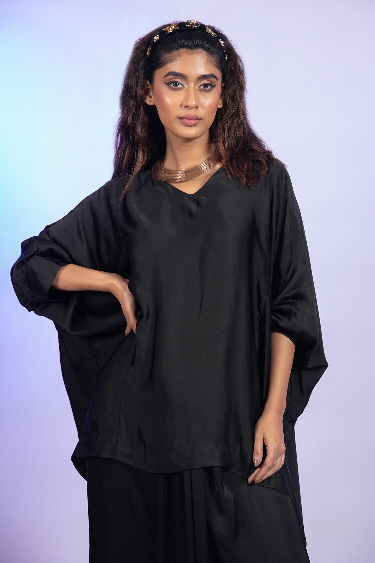 Black Satin V-neck Kaftan Top And Lungi Skirt Set - Designer Kurta Set