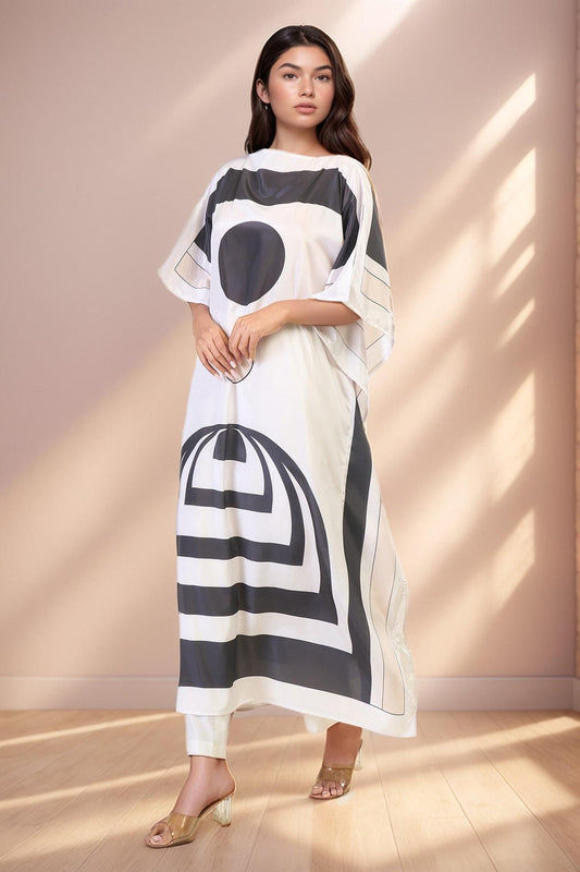 Black Silk, Crepe Boat Neck Soft Cosmos Print Kaftan - Designer Kurta Set
