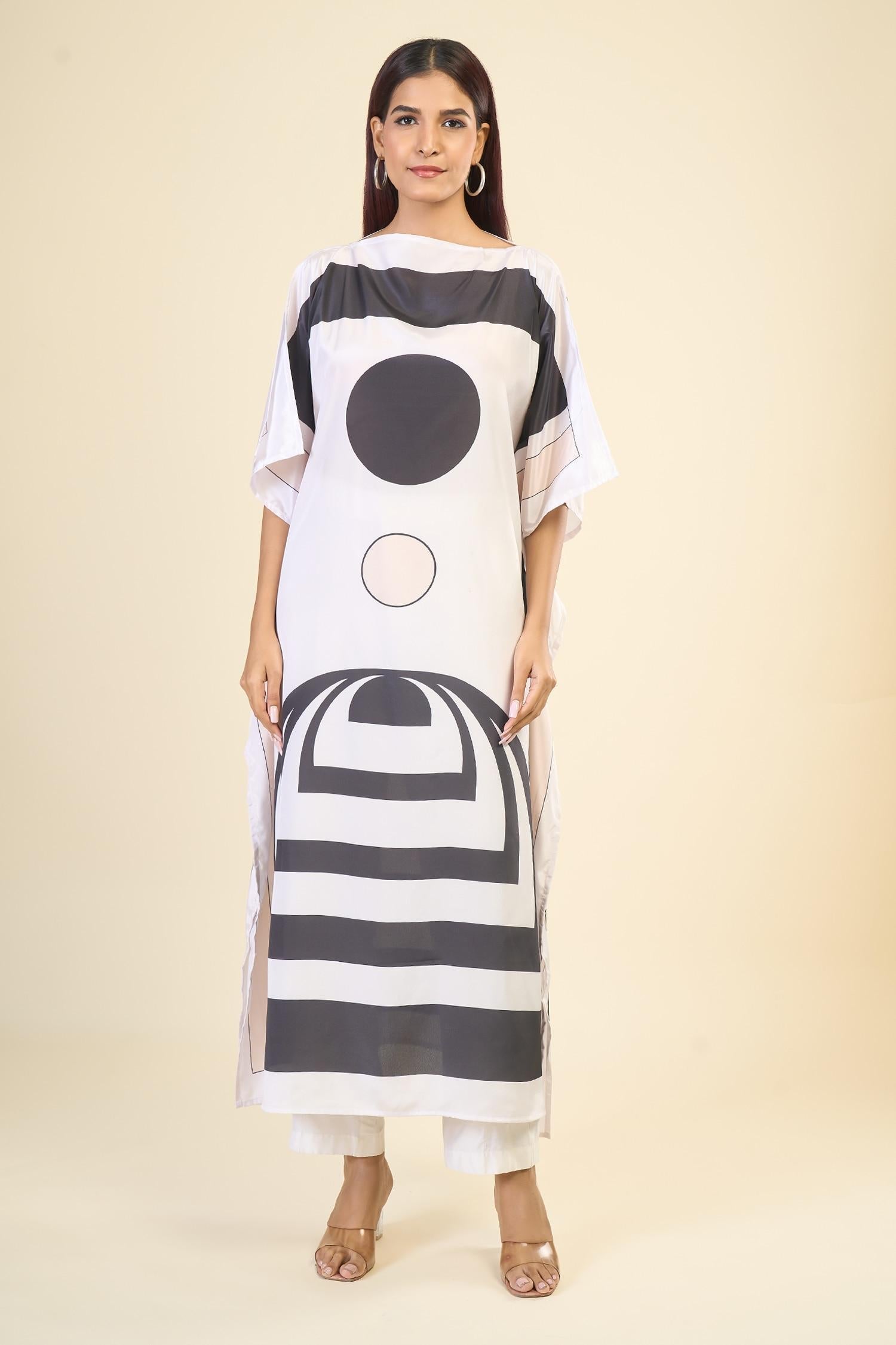 Black Silk, Crepe Boat Neck Soft Cosmos Print Kaftan - Designer Kurta Set