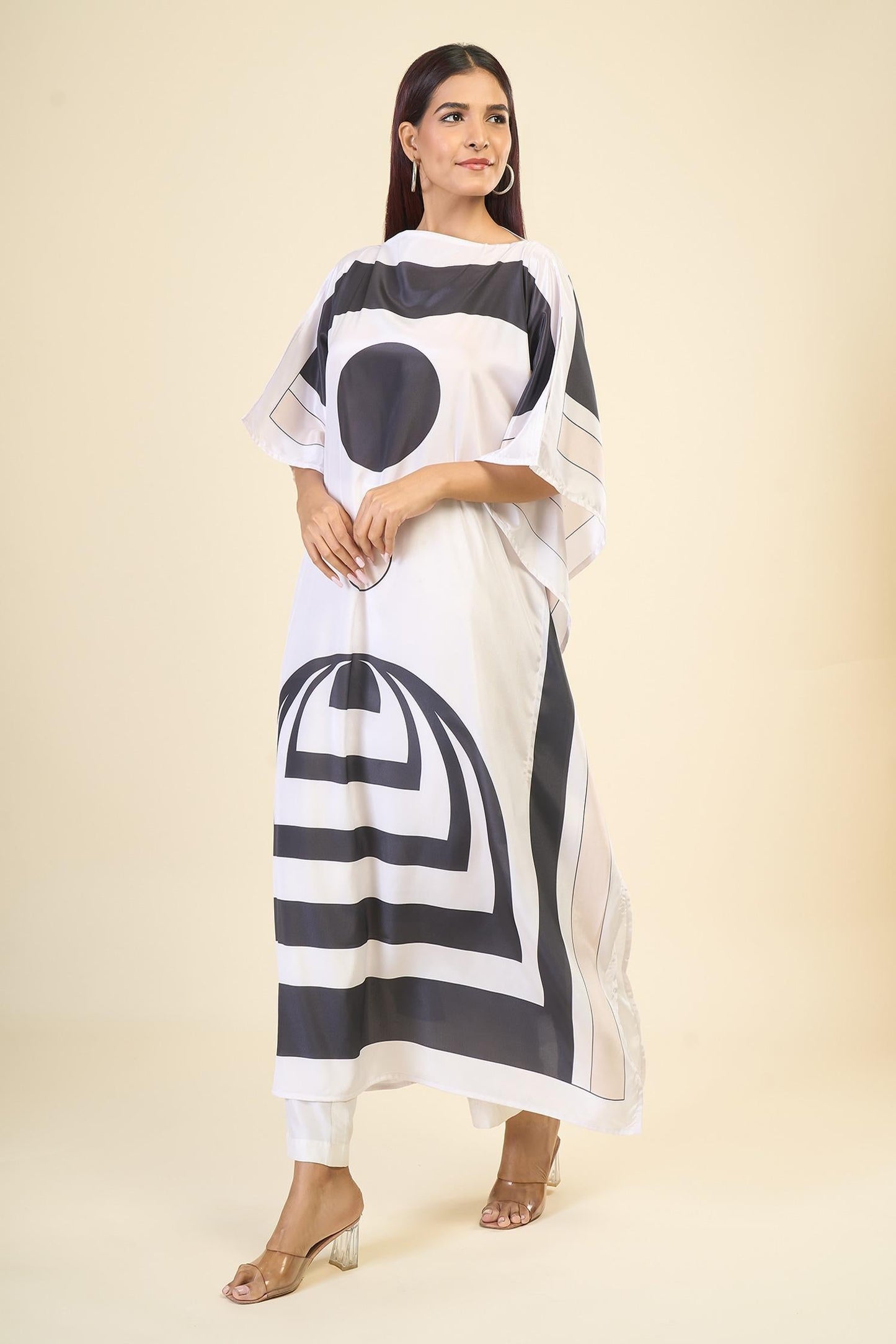 Black Silk, Crepe Boat Neck Soft Cosmos Print Kaftan - Designer Kurta Set