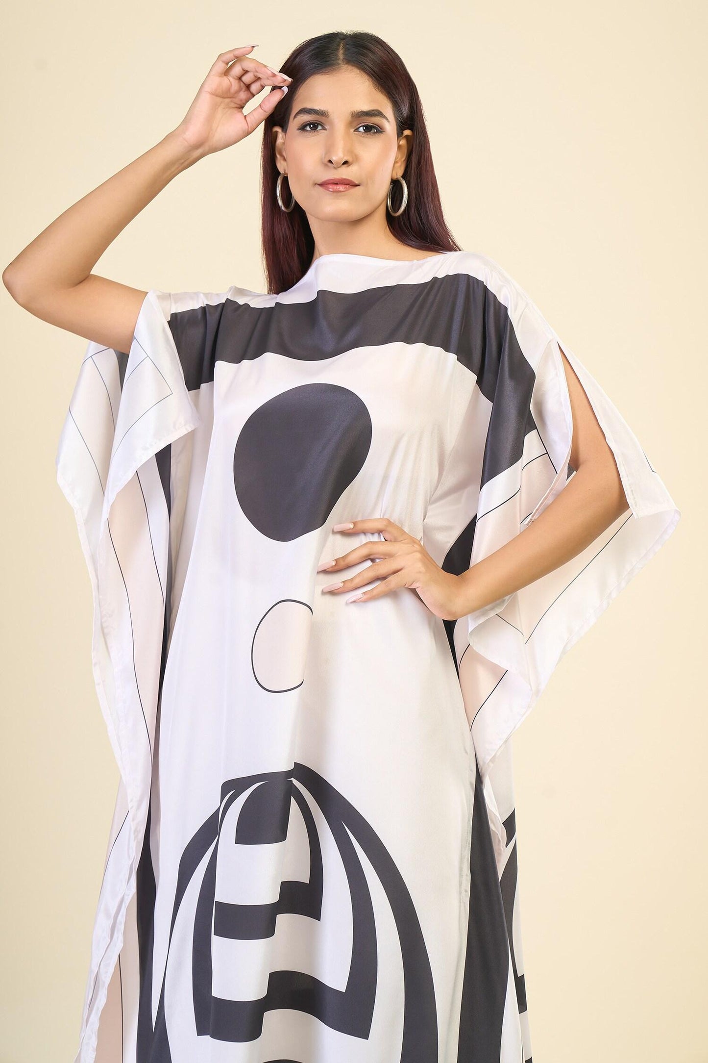 Black Silk, Crepe Boat Neck Soft Cosmos Print Kaftan - Designer Kurta Set