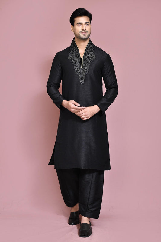 Kurta Set Black Silk Embroidery Resham Neckline