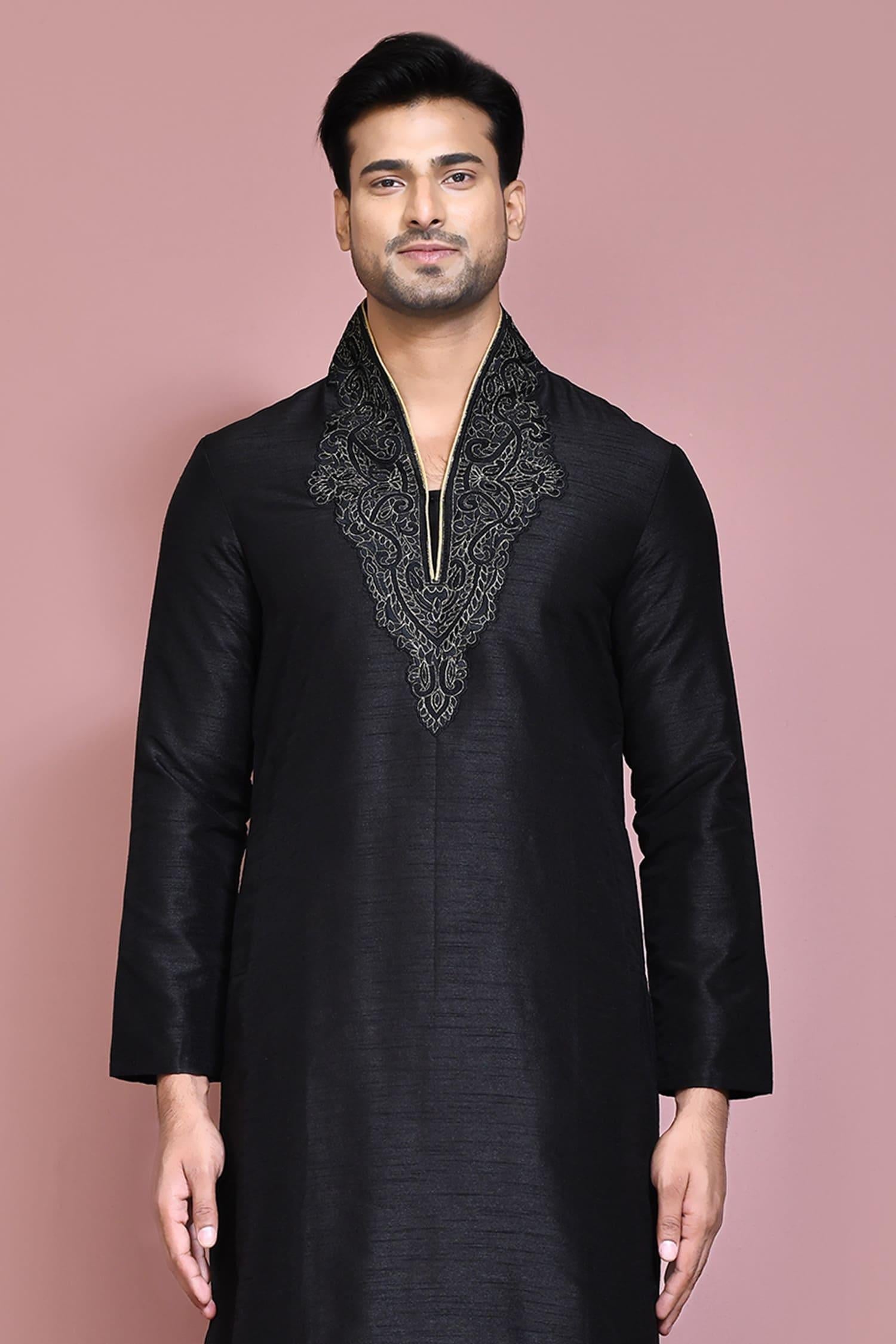 Kurta Set Black Silk Embroidery Resham Neckline
