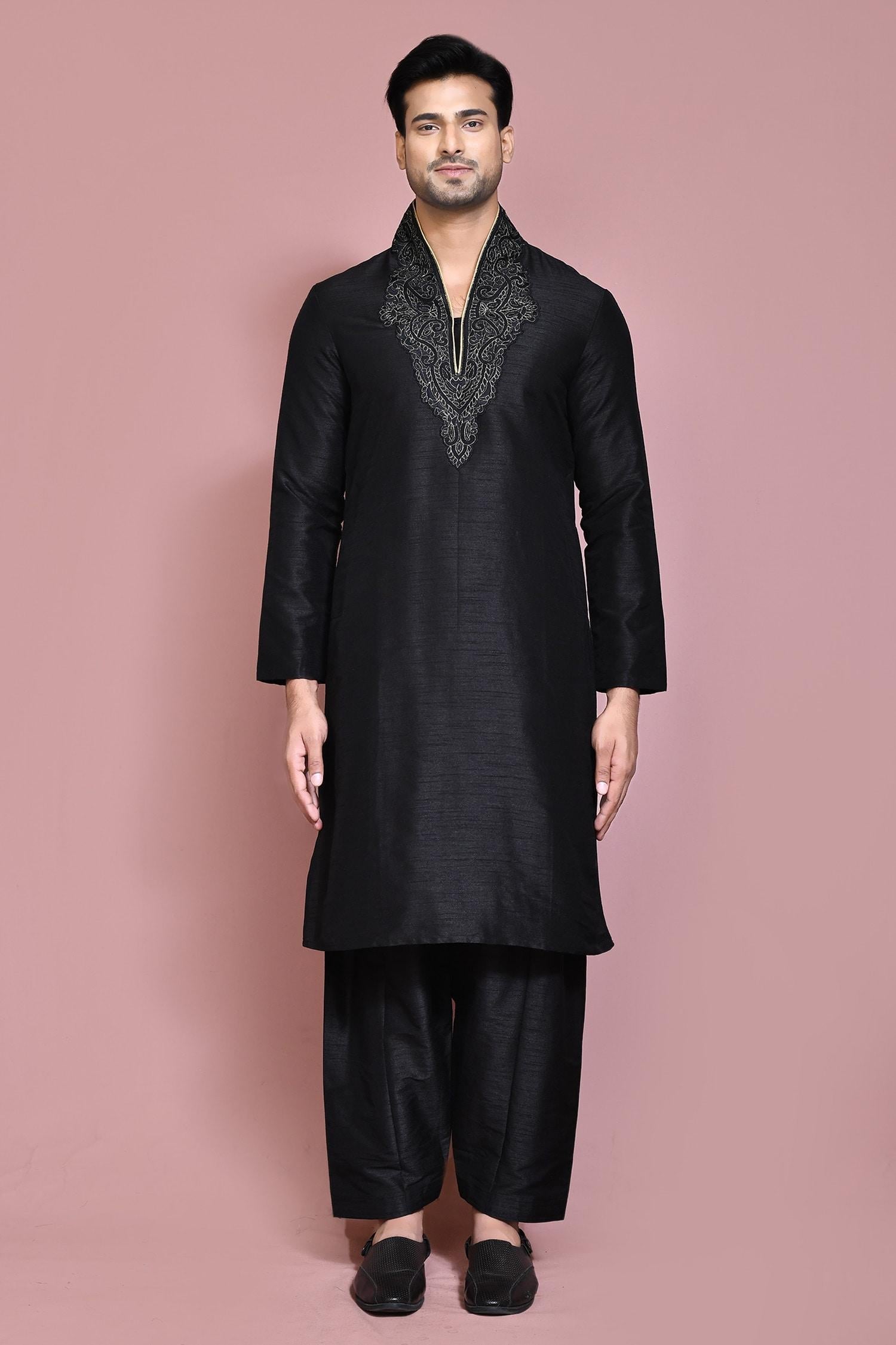 Kurta Set Black Silk Embroidery Resham Neckline