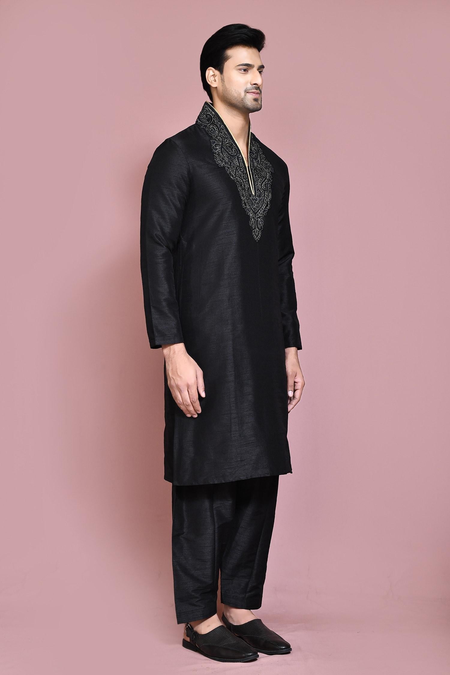 Kurta Set Black Silk Embroidery Resham Neckline