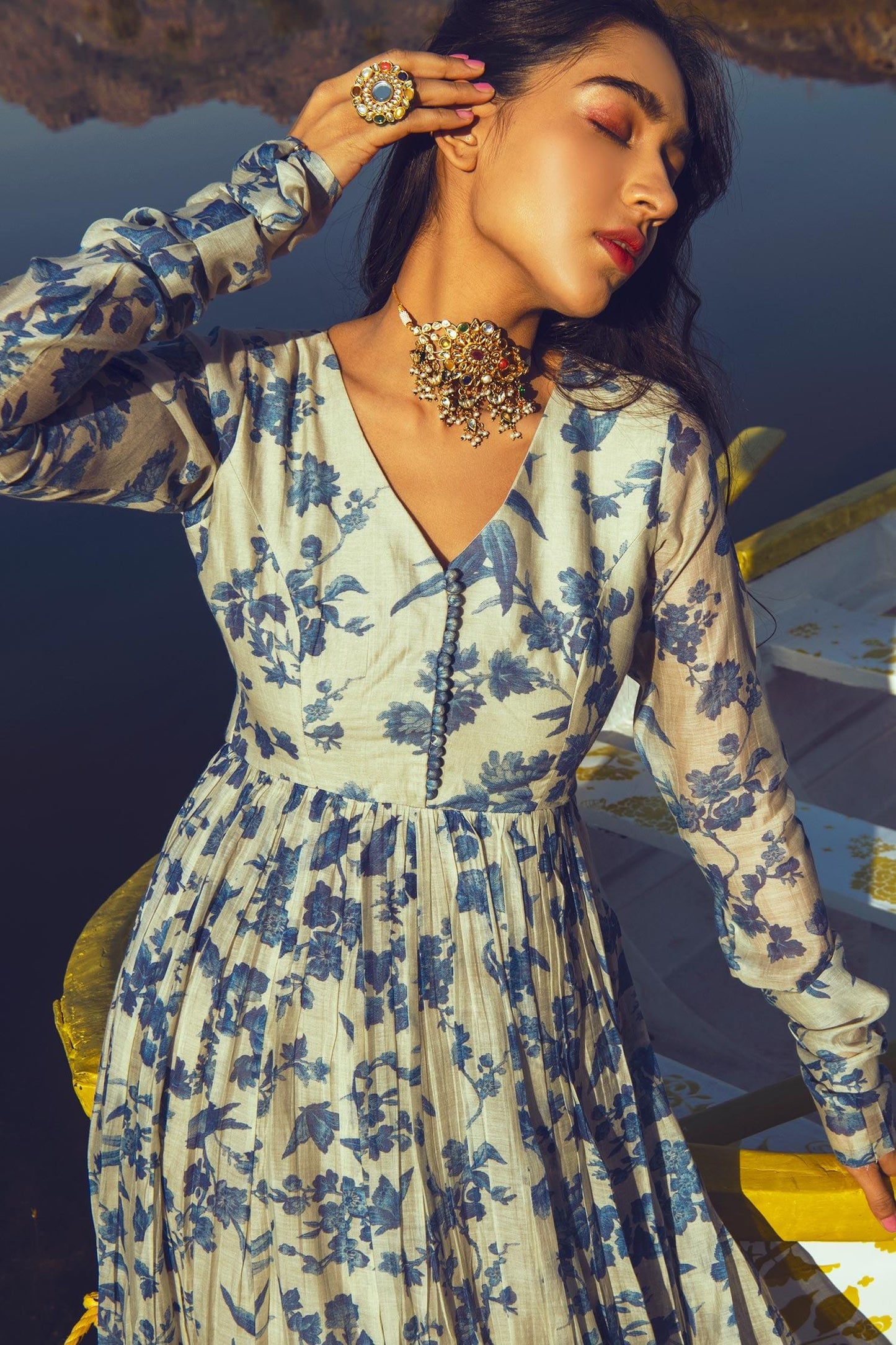 Blue Anarkali Malai Chanderi Dupatta Mul Cotton V Neck With - Designer Kurta Set