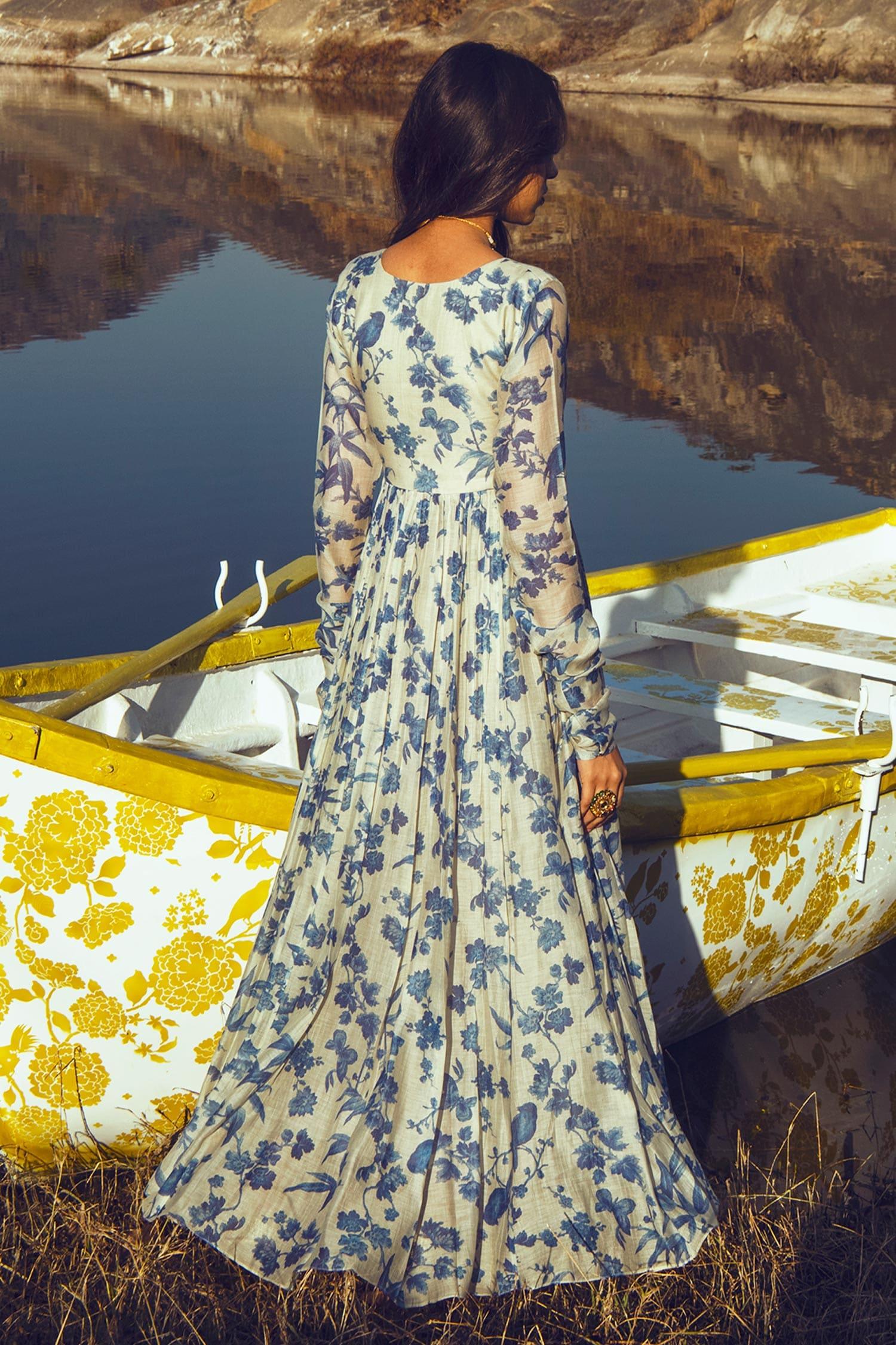 Blue Anarkali Malai Chanderi Dupatta Mul Cotton V Neck With - Designer Kurta Set