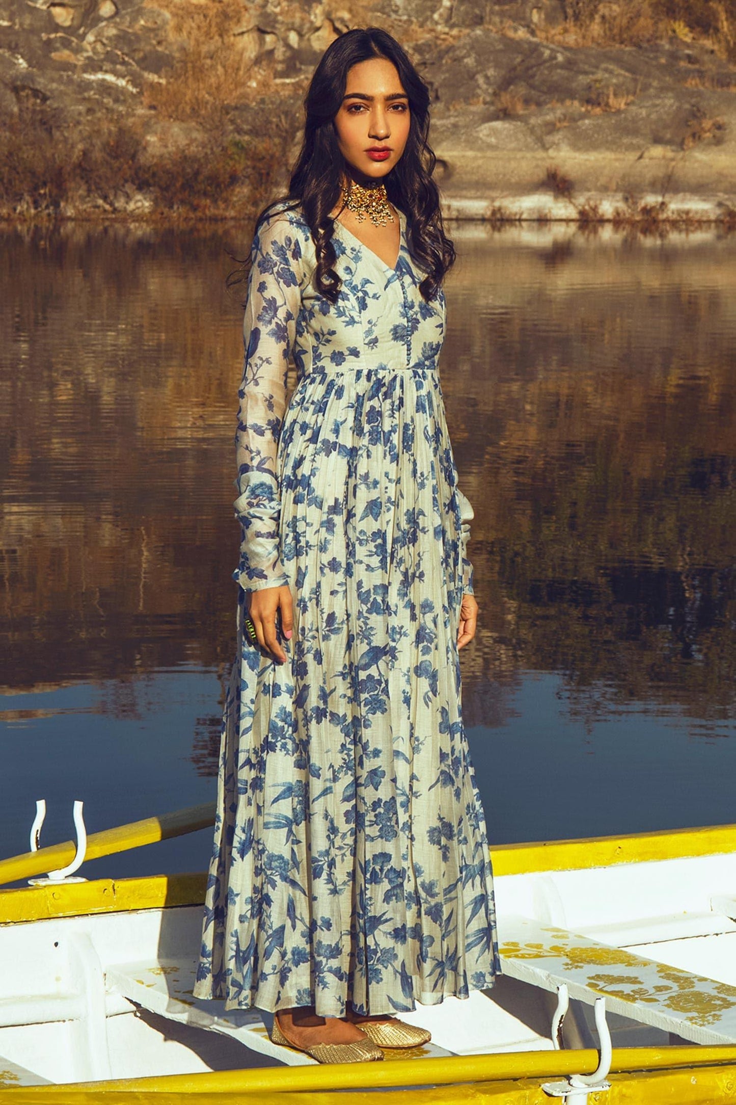 Blue Anarkali Malai Chanderi Dupatta Mul Cotton V Neck With - Designer Kurta Set