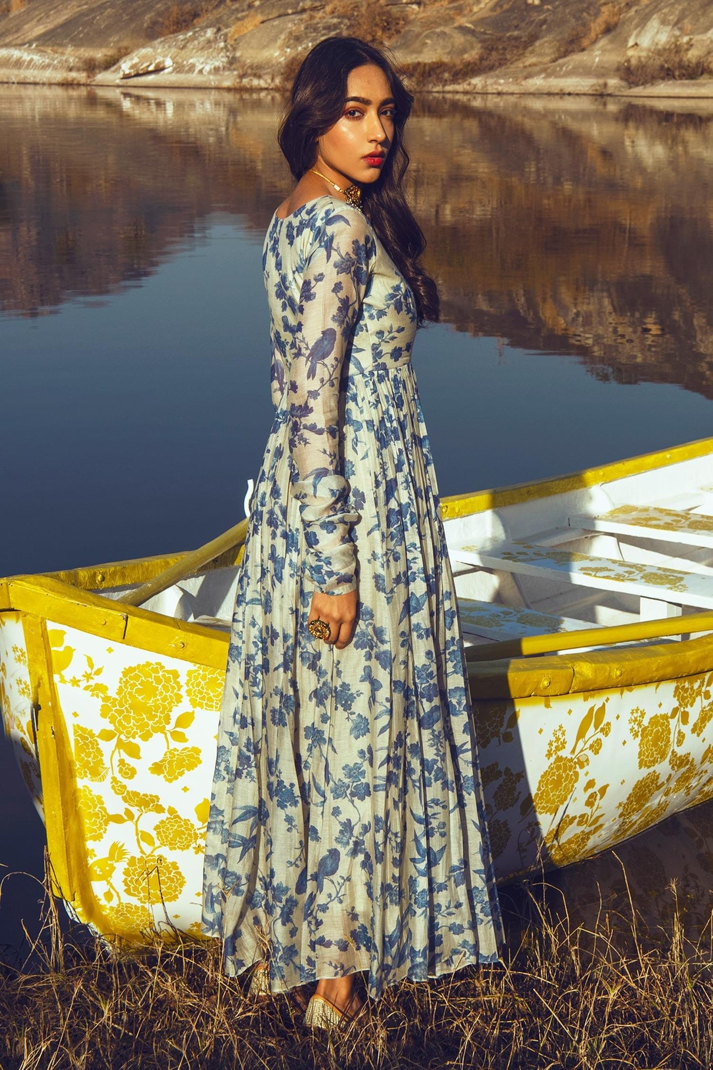Blue Anarkali Malai Chanderi Dupatta Mul Cotton V Neck With - Designer Kurta Set