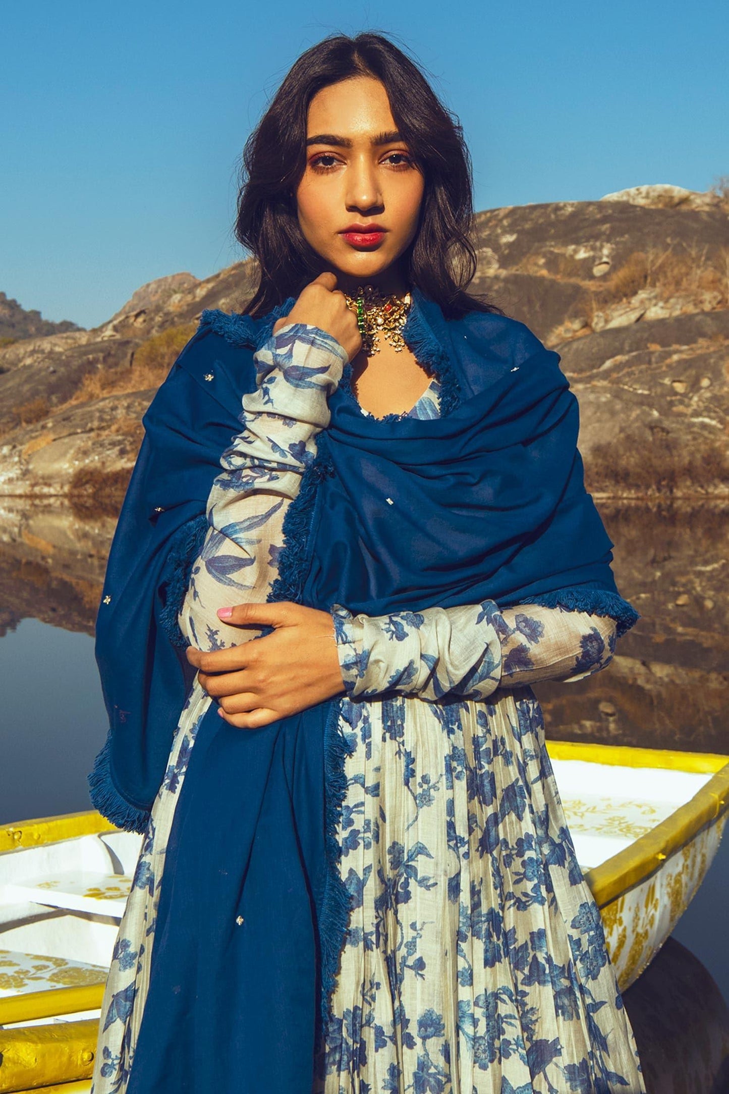 Blue Anarkali Malai Chanderi Dupatta Mul Cotton V Neck With - Designer Kurta Set