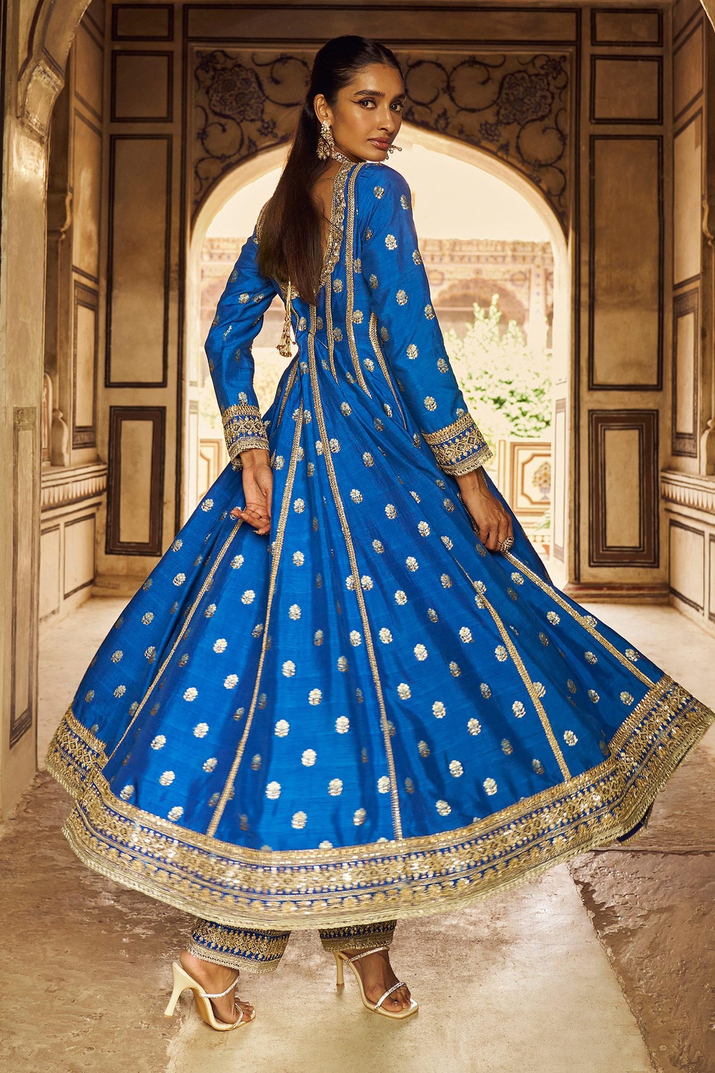 Blue Brocade, Chiffon Zari, Sequins, Floral Bloom Anarkali Palazzo Set - Designer Kurta Set