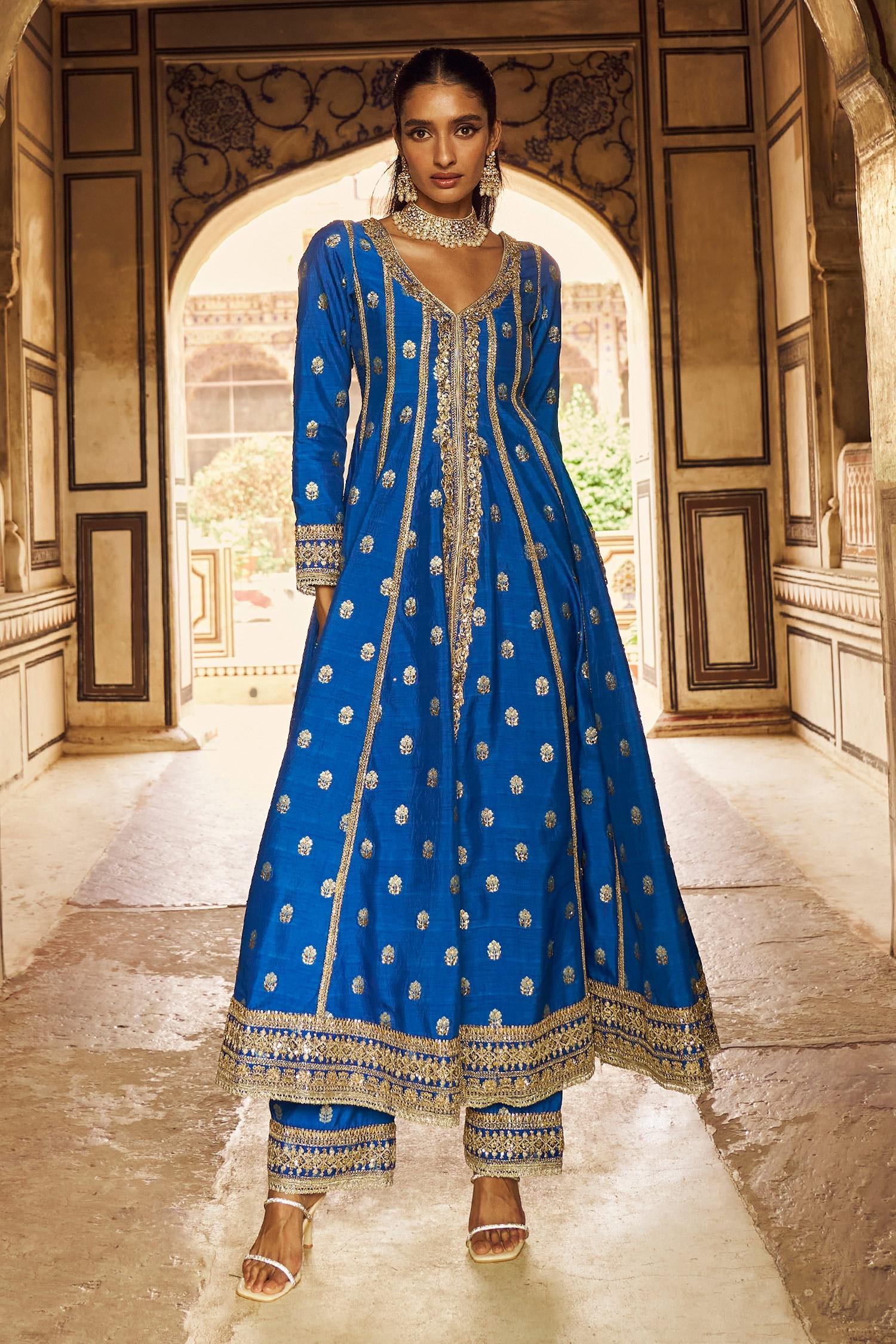 Blue Brocade, Chiffon Zari, Sequins, Floral Bloom Anarkali Palazzo Set - Designer Kurta Set