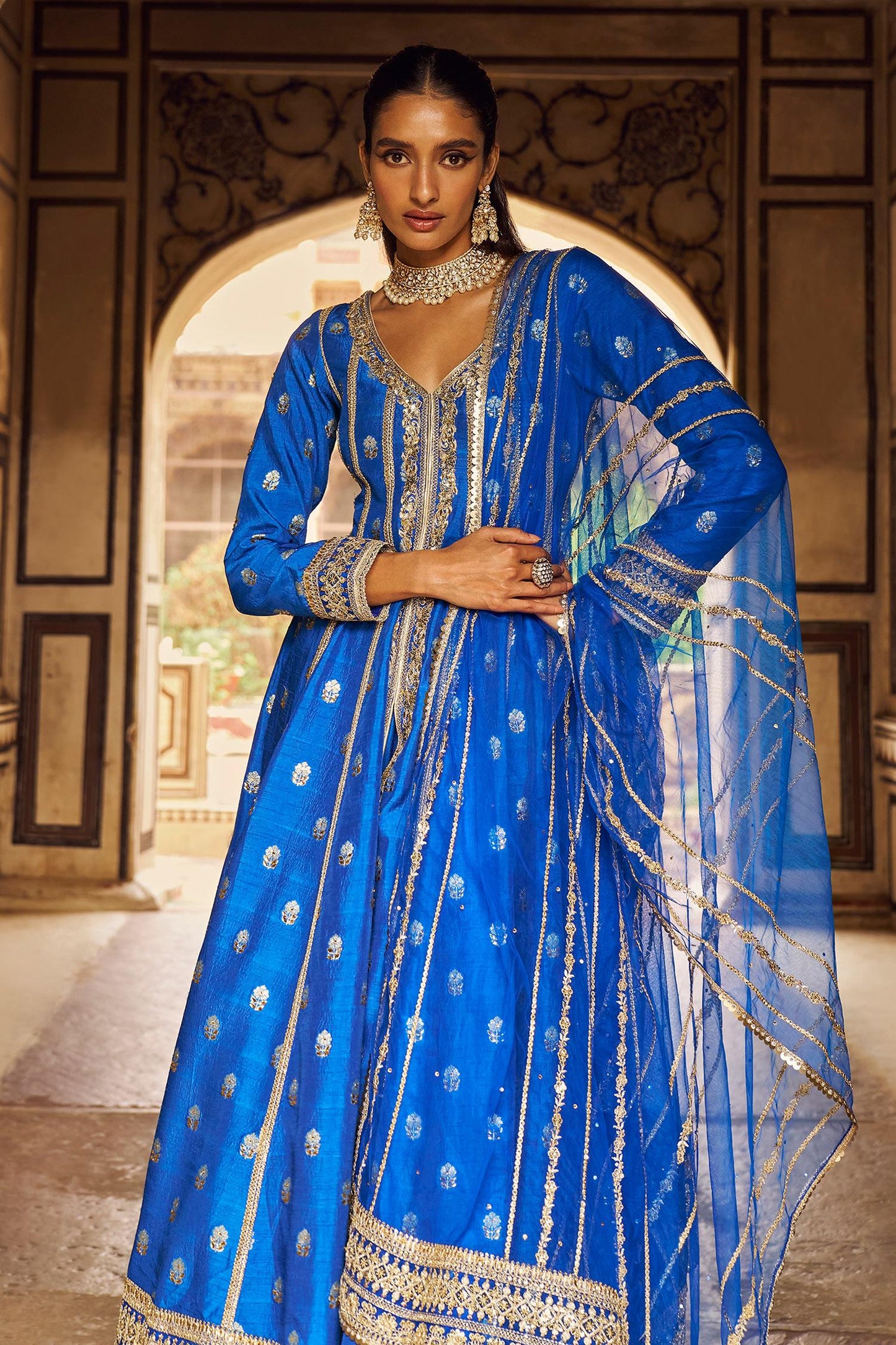 Blue Brocade, Chiffon Zari, Sequins, Floral Bloom Anarkali Palazzo Set - Designer Kurta Set