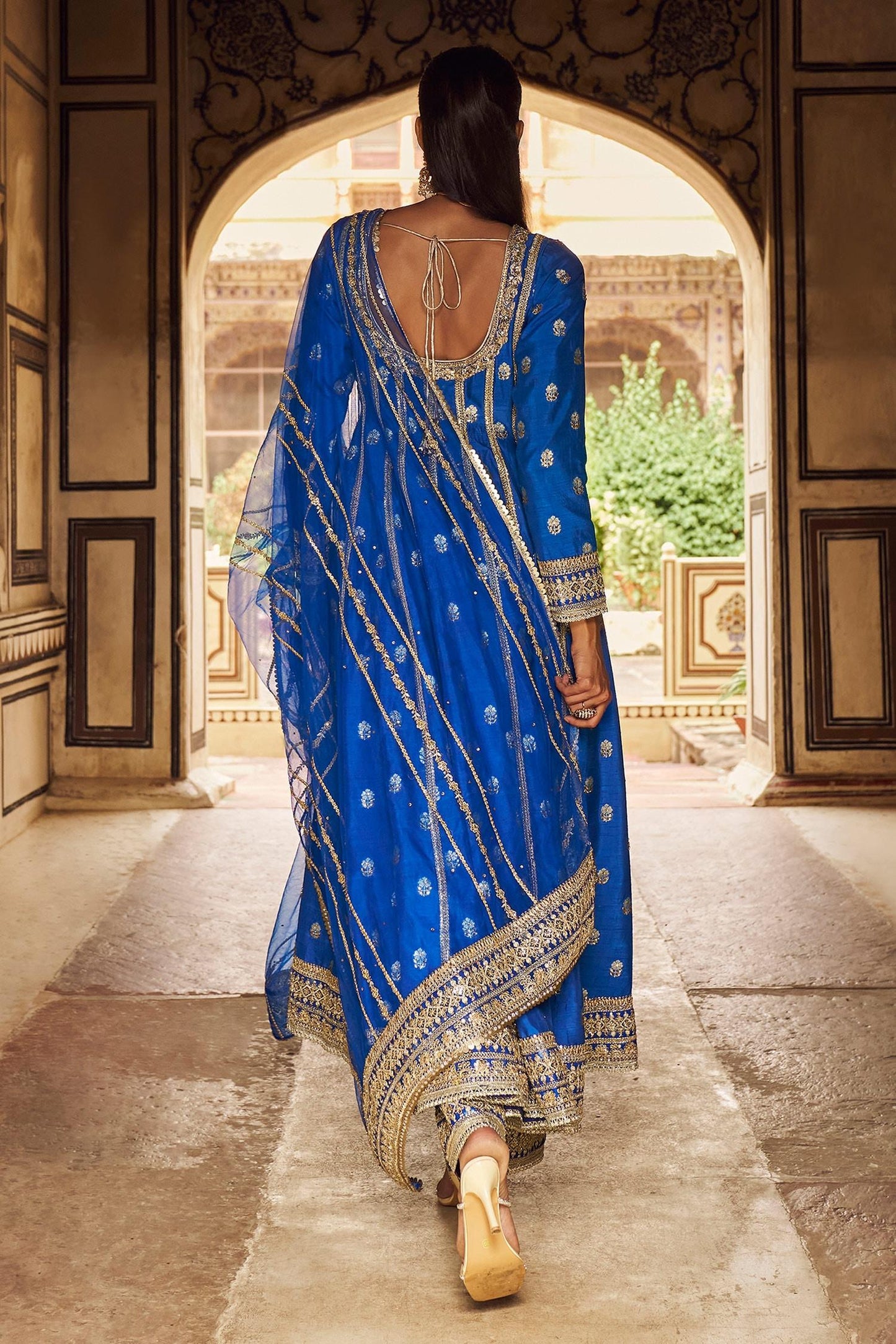 Blue Brocade, Chiffon Zari, Sequins, Floral Bloom Anarkali Palazzo Set - Designer Kurta Set