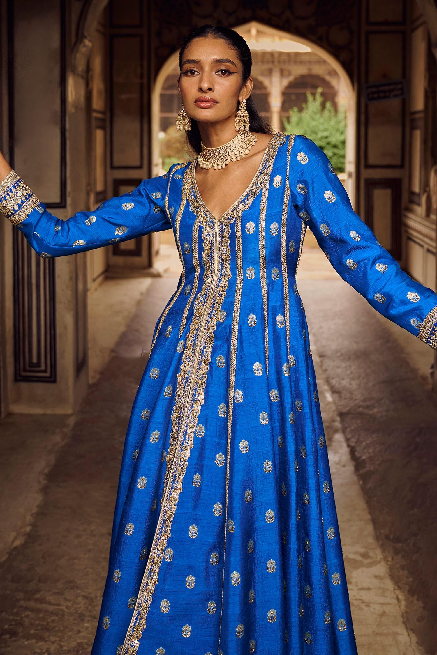 Blue Brocade, Chiffon Zari, Sequins, Floral Bloom Anarkali Palazzo Set - Designer Kurta Set