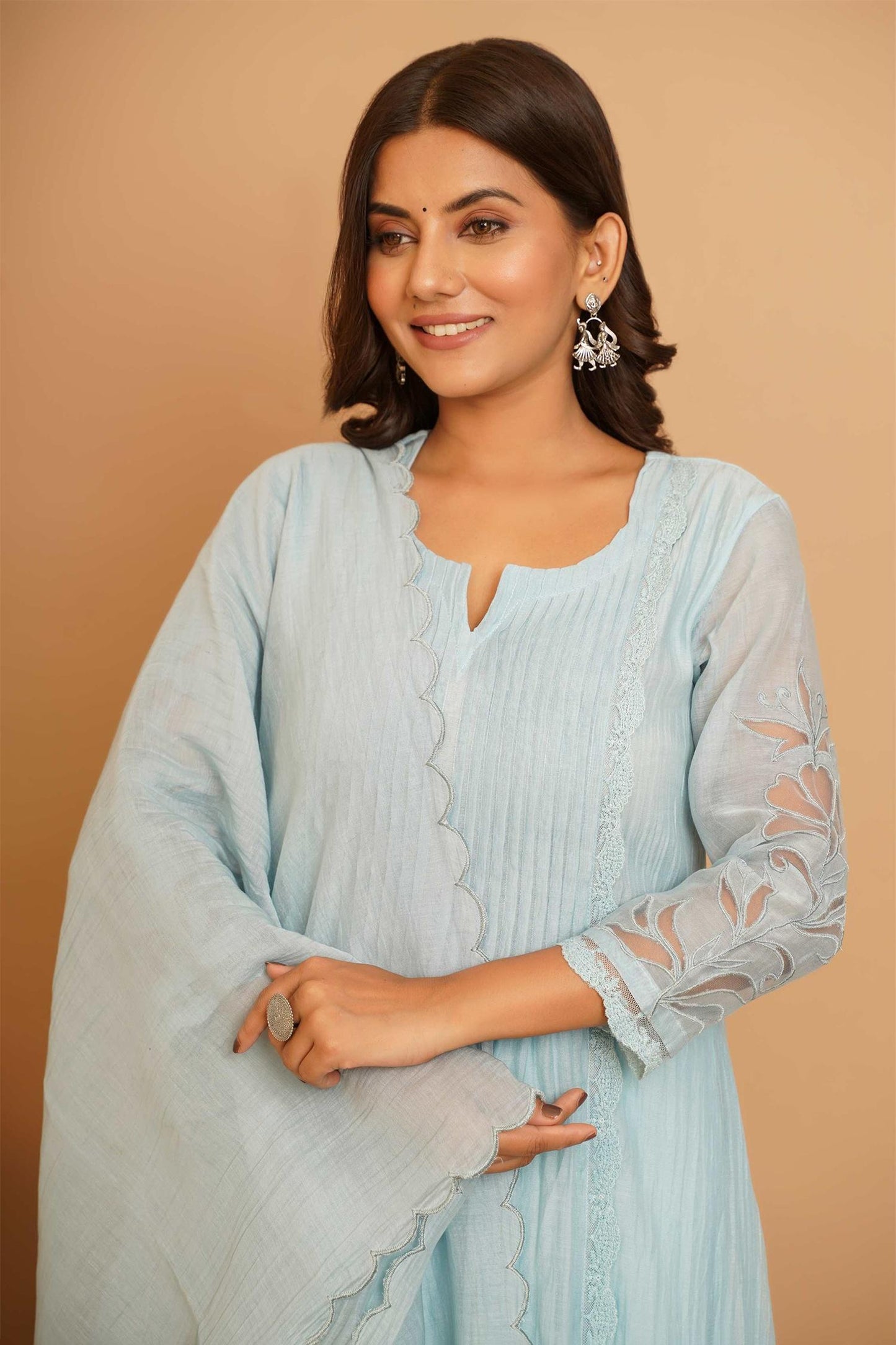 Blue Chanderi Embroidery, Cut Work Round Neck Phool Garden Anarkali Set - Designer Kurta Set
