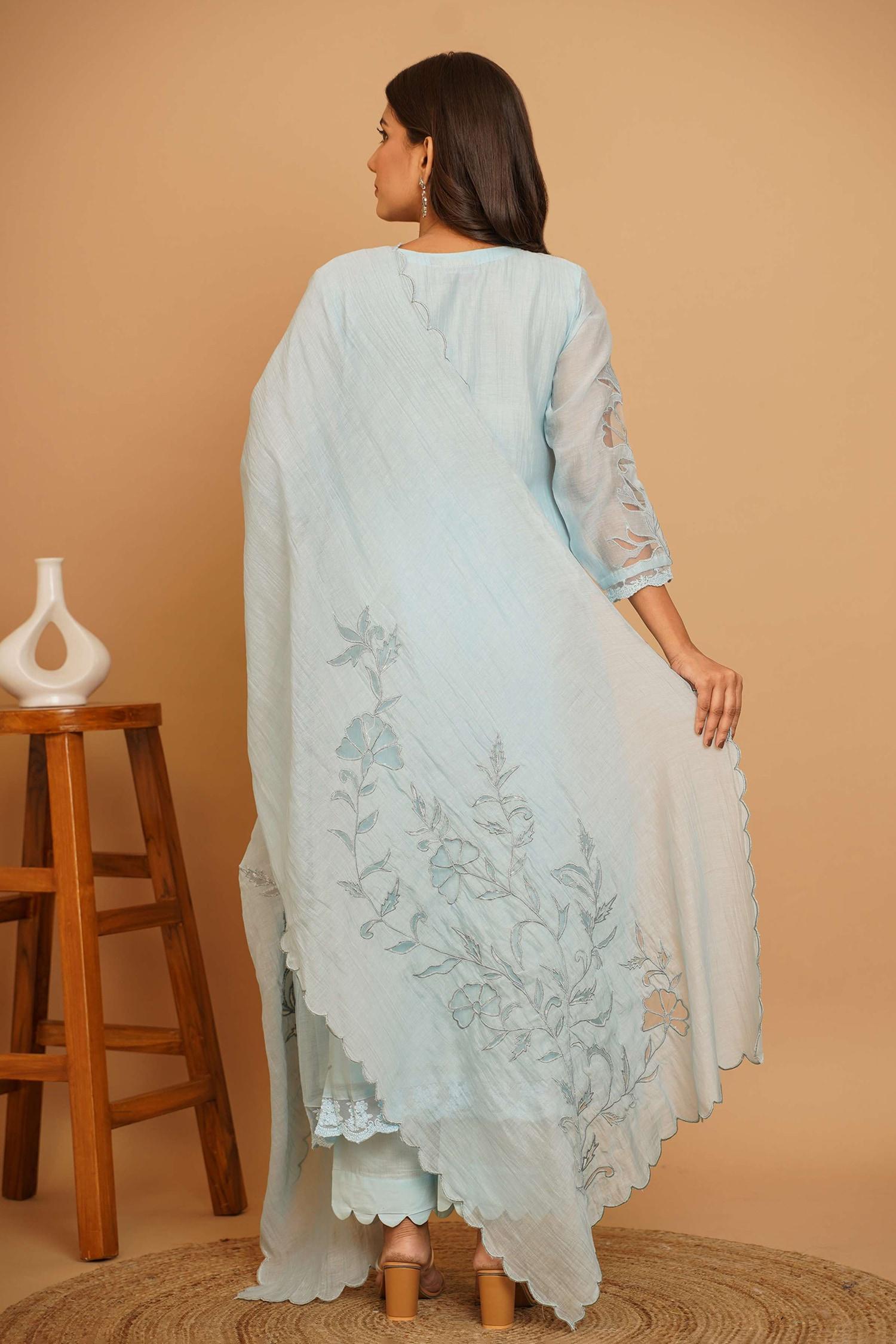 Blue Chanderi Embroidery, Cut Work Round Neck Phool Garden Anarkali Set - Designer Kurta Set