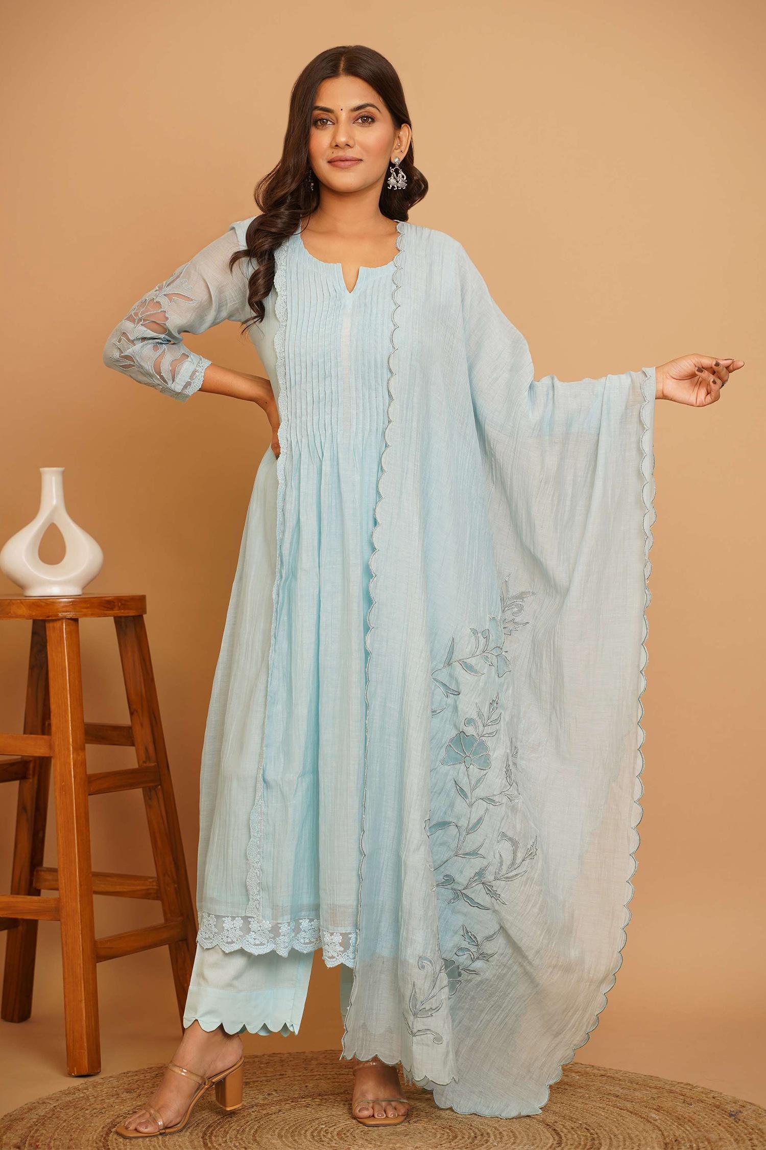 Blue Chanderi Embroidery, Cut Work Round Neck Phool Garden Anarkali Set - Designer Kurta Set