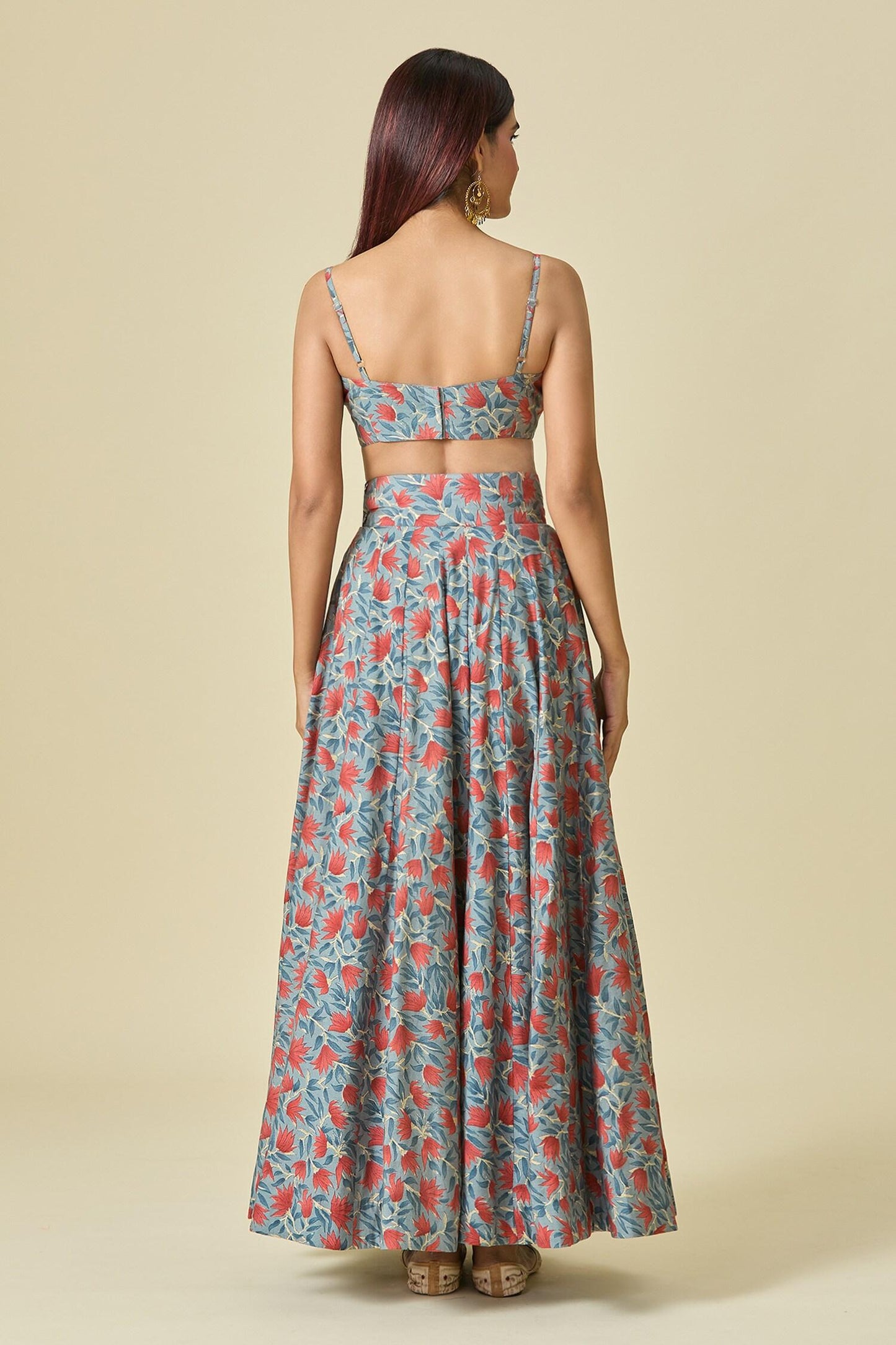 Blue Chanderi, Organza Scoop Neck Floral Printed Lehenga Set - Designer Kurta Set