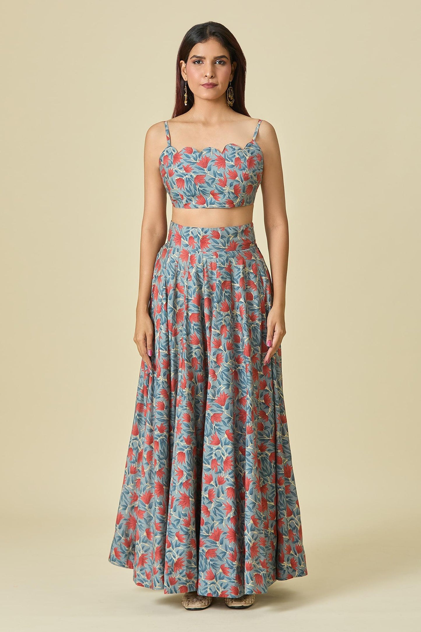 Blue Chanderi, Organza Scoop Neck Floral Printed Lehenga Set - Designer Kurta Set