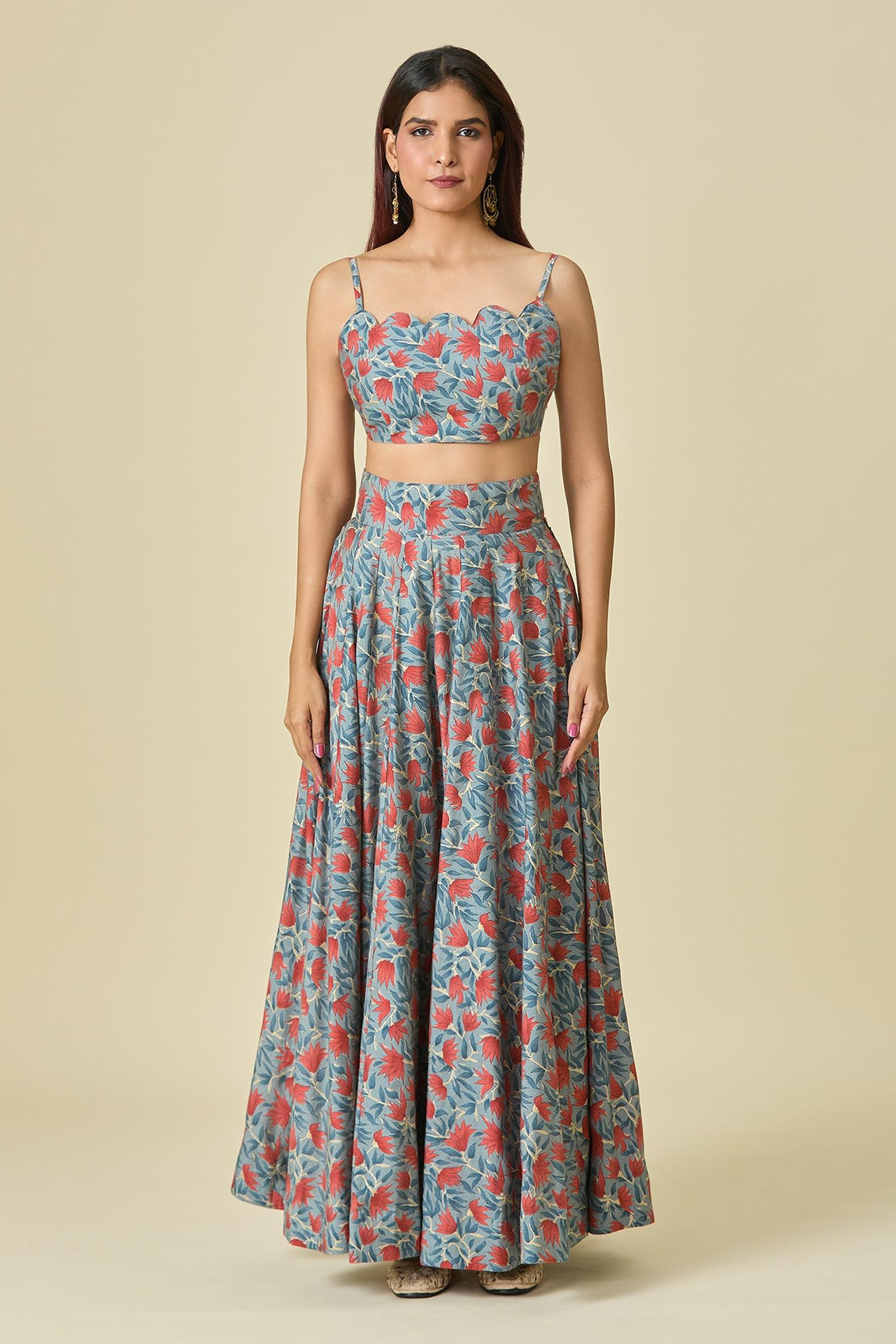 Blue Chanderi, Organza Scoop Neck Floral Printed Lehenga Set - Designer Kurta Set