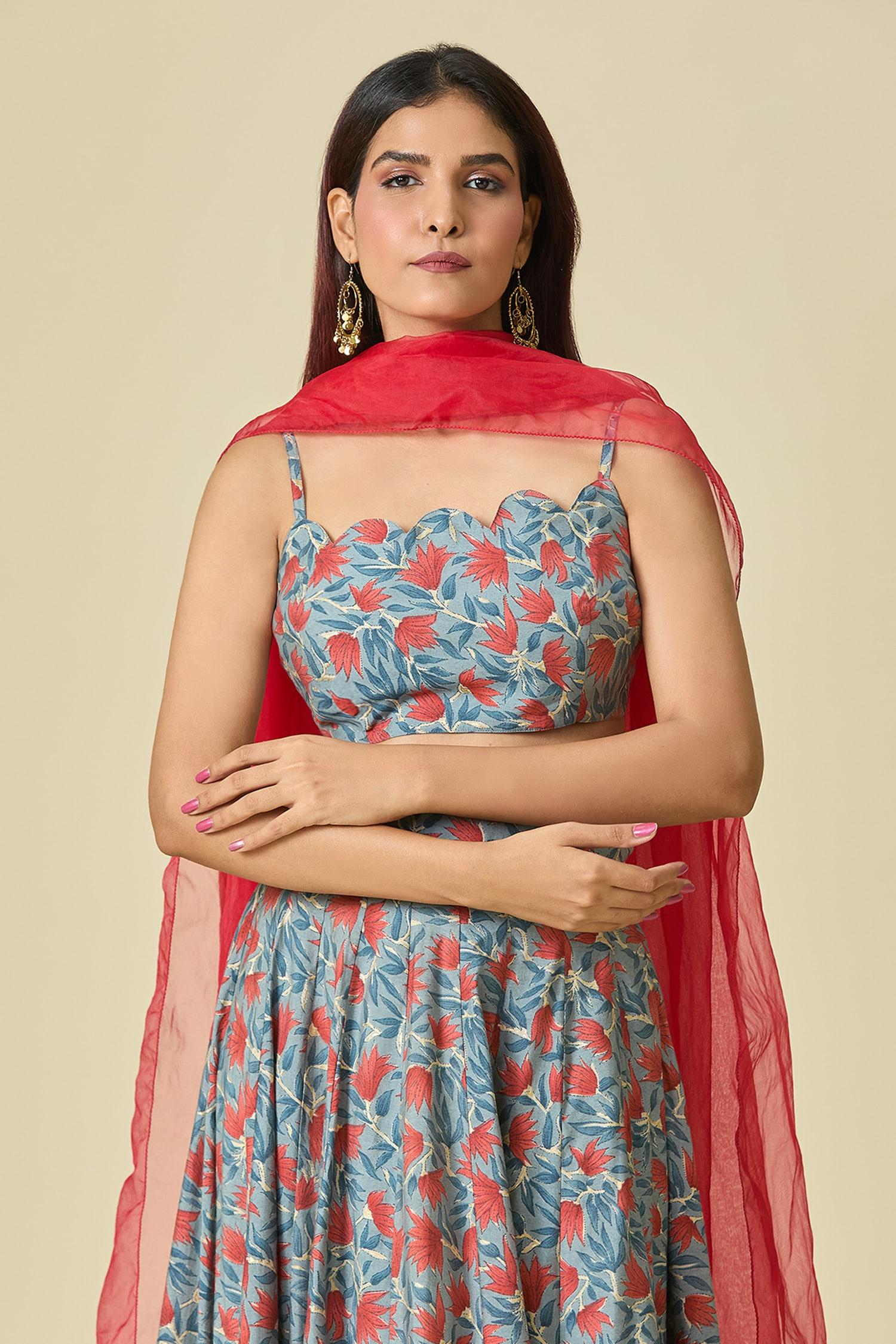 Blue Chanderi, Organza Scoop Neck Floral Printed Lehenga Set - Designer Kurta Set