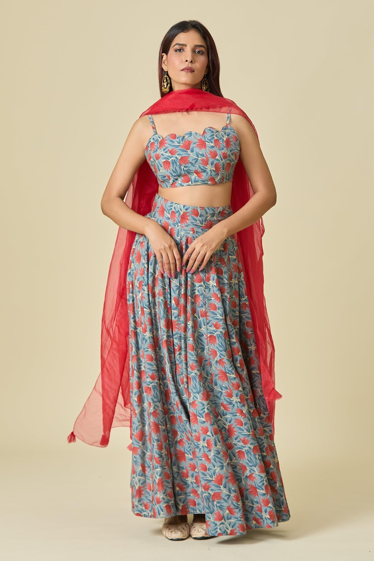 Blue Chanderi, Organza Scoop Neck Floral Printed Lehenga Set - Designer Kurta Set