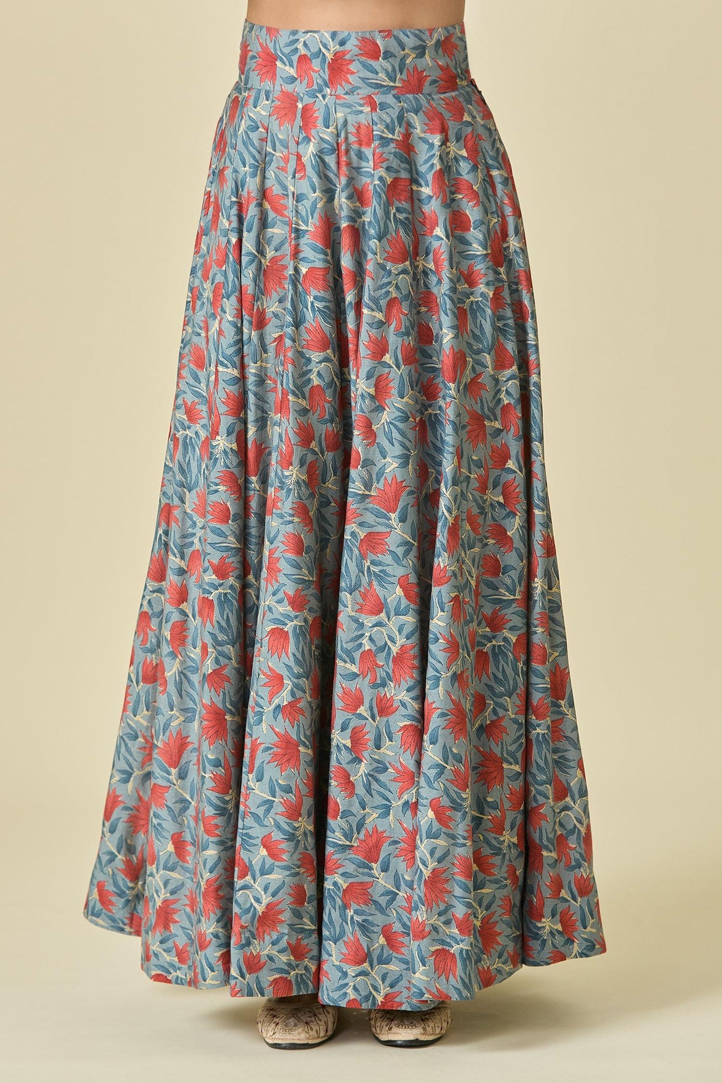 Blue Chanderi, Organza Scoop Neck Floral Printed Lehenga Set - Designer Kurta Set