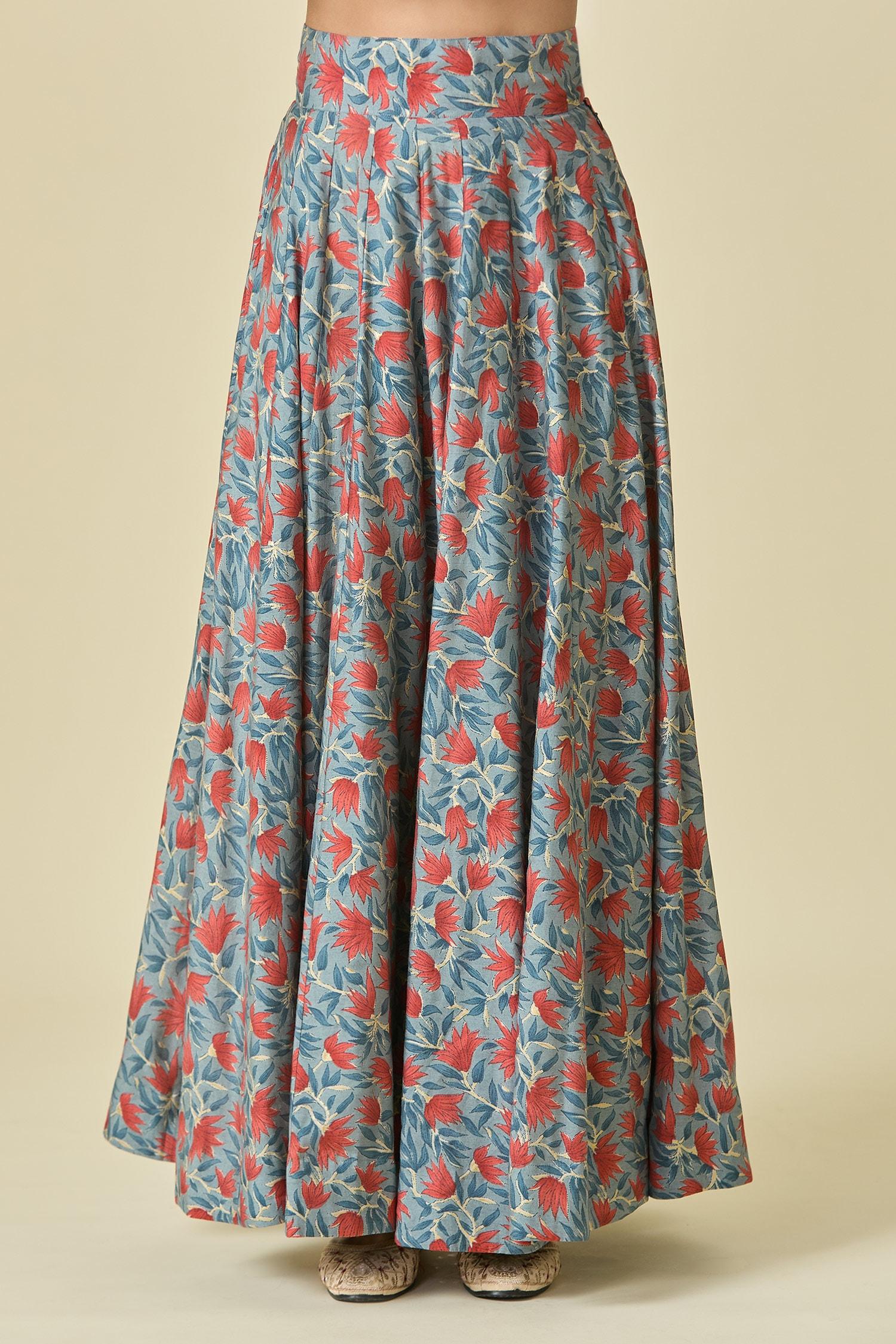 Blue Chanderi, Organza Scoop Neck Floral Printed Lehenga Set - Designer Kurta Set
