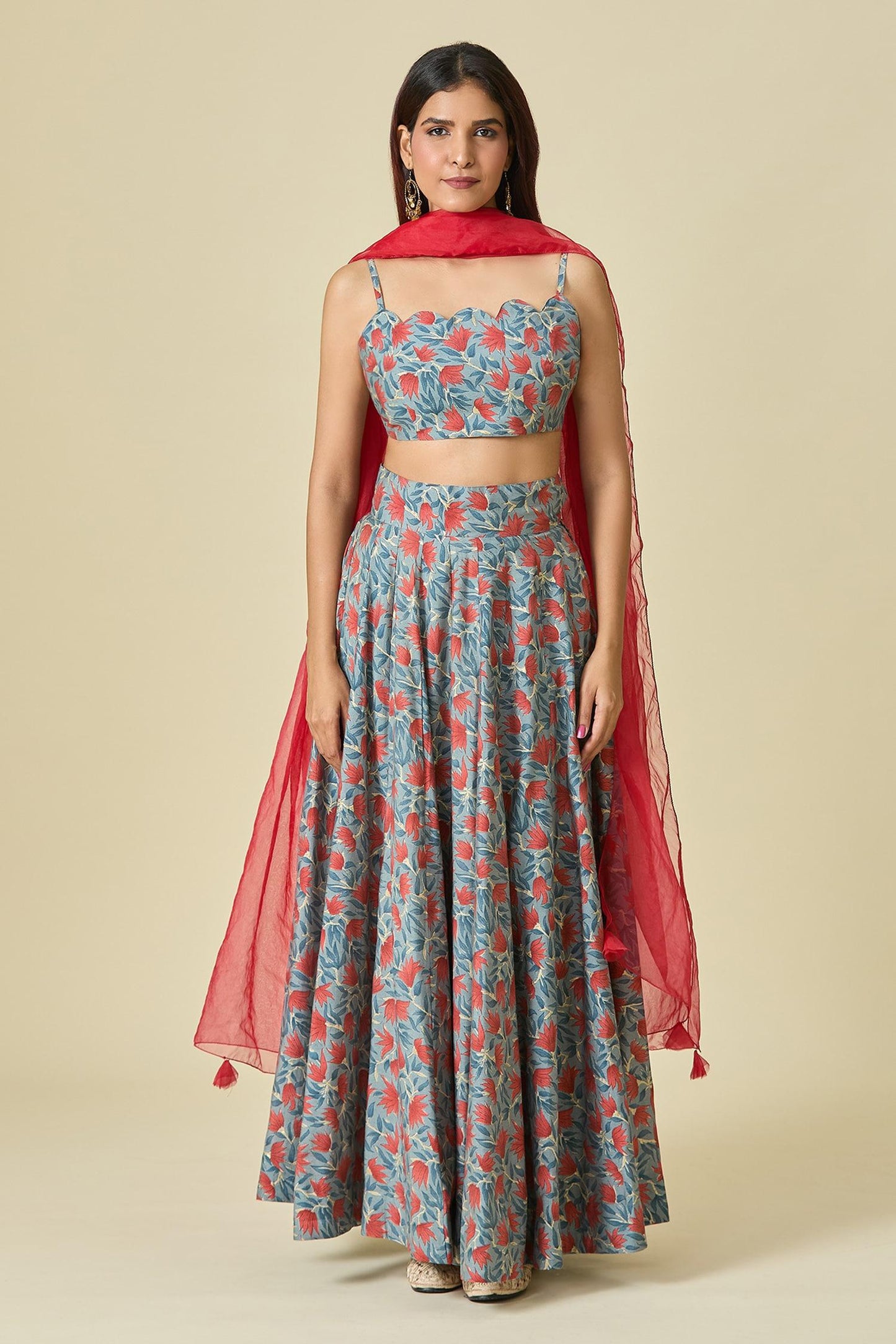 Blue Chanderi, Organza Scoop Neck Floral Printed Lehenga Set - Designer Kurta Set