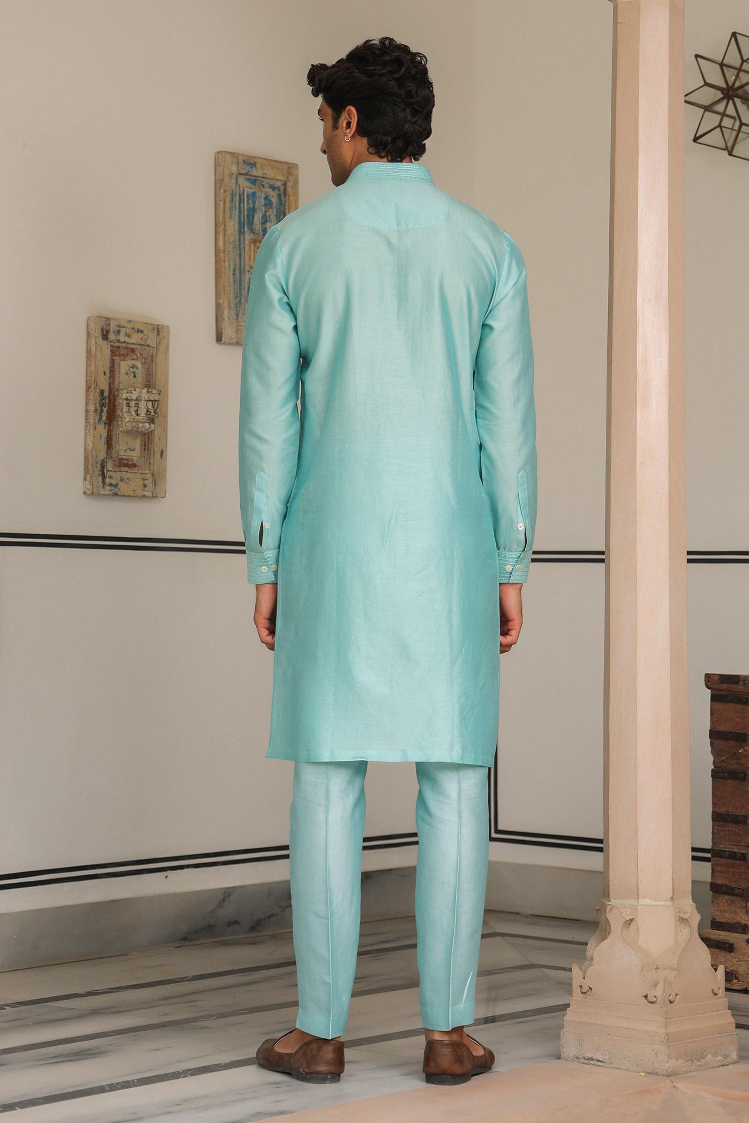 Kurta Set Blue Chanderi Silk Embroidery Light Floral