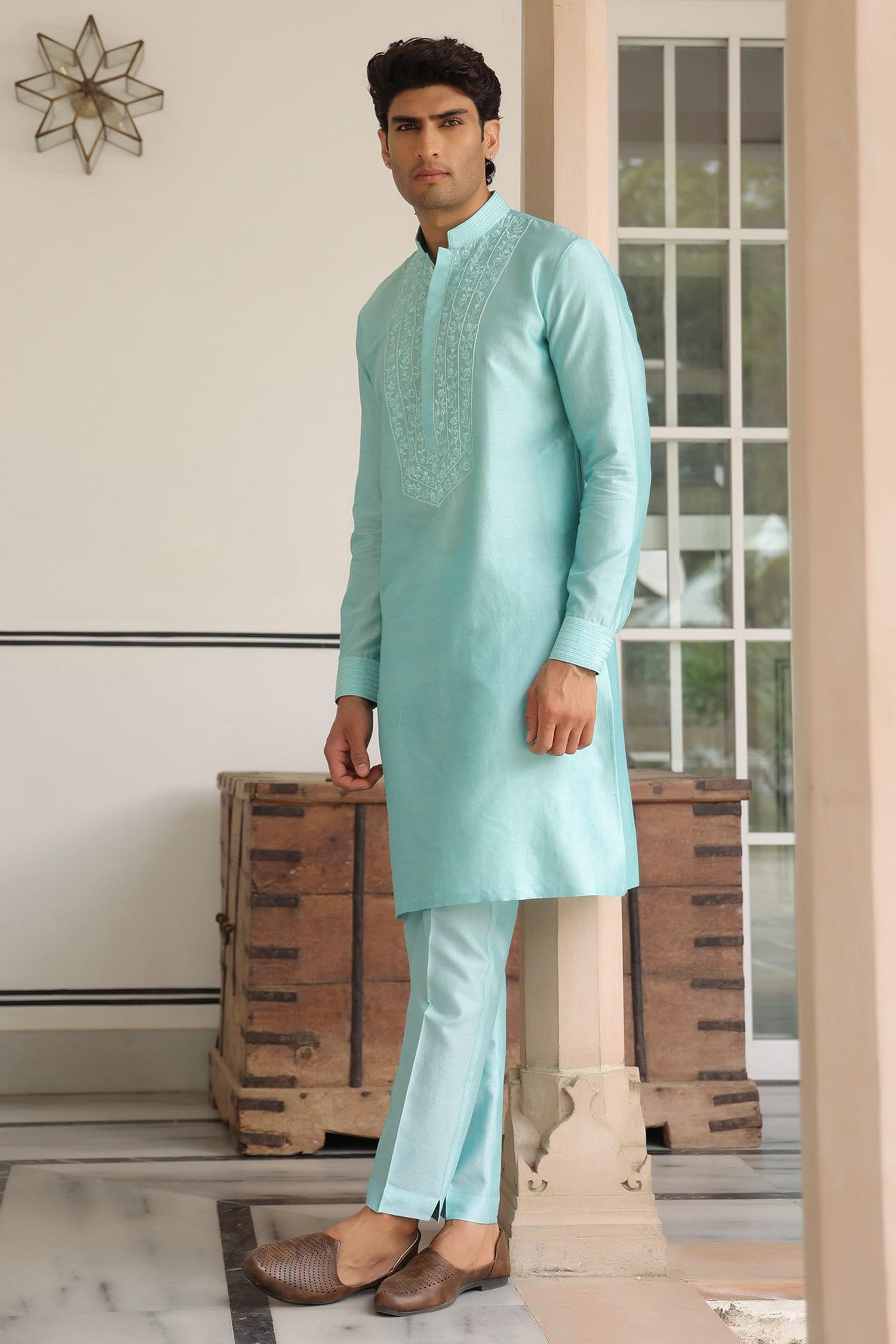 Kurta Set Blue Chanderi Silk Embroidery Light Floral